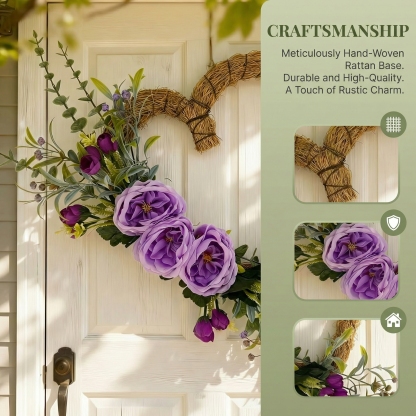 Handmade Heart-Shaped Rattan Wreath with Silk Peony Flowers