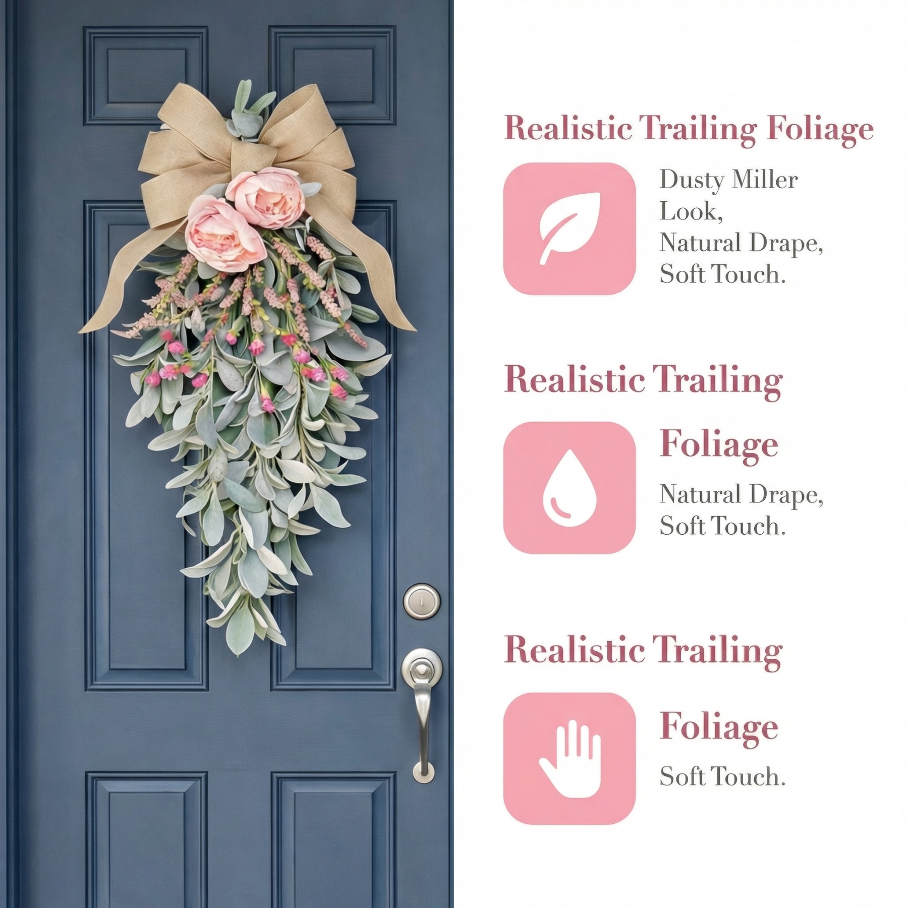 Spring Teardrop Floral Door Swag with Burlap Bow