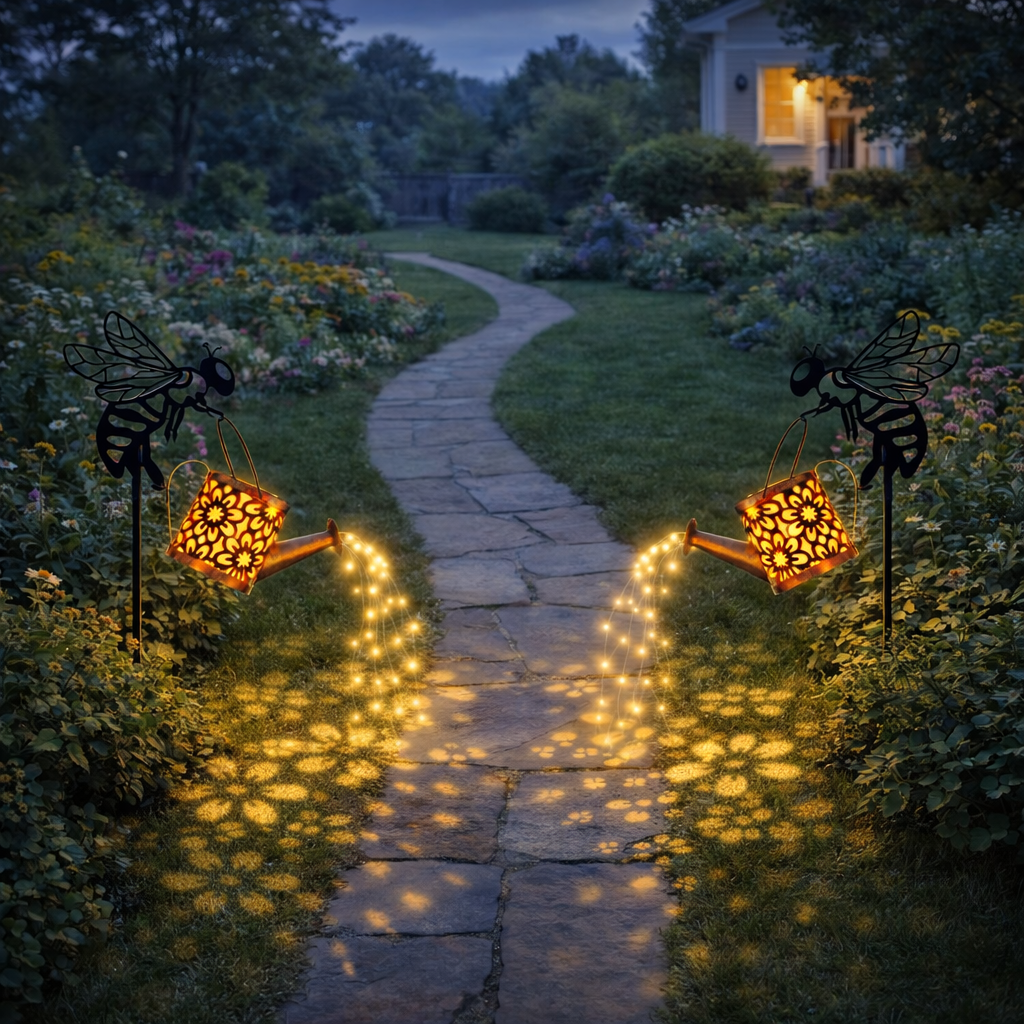 Bee Watering Can Solar Garden Light – Glowing Water Stream Decor
