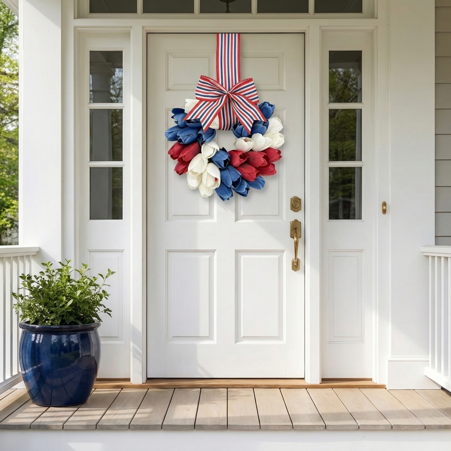 Patriotic Tulip Wreath with Striped Bow