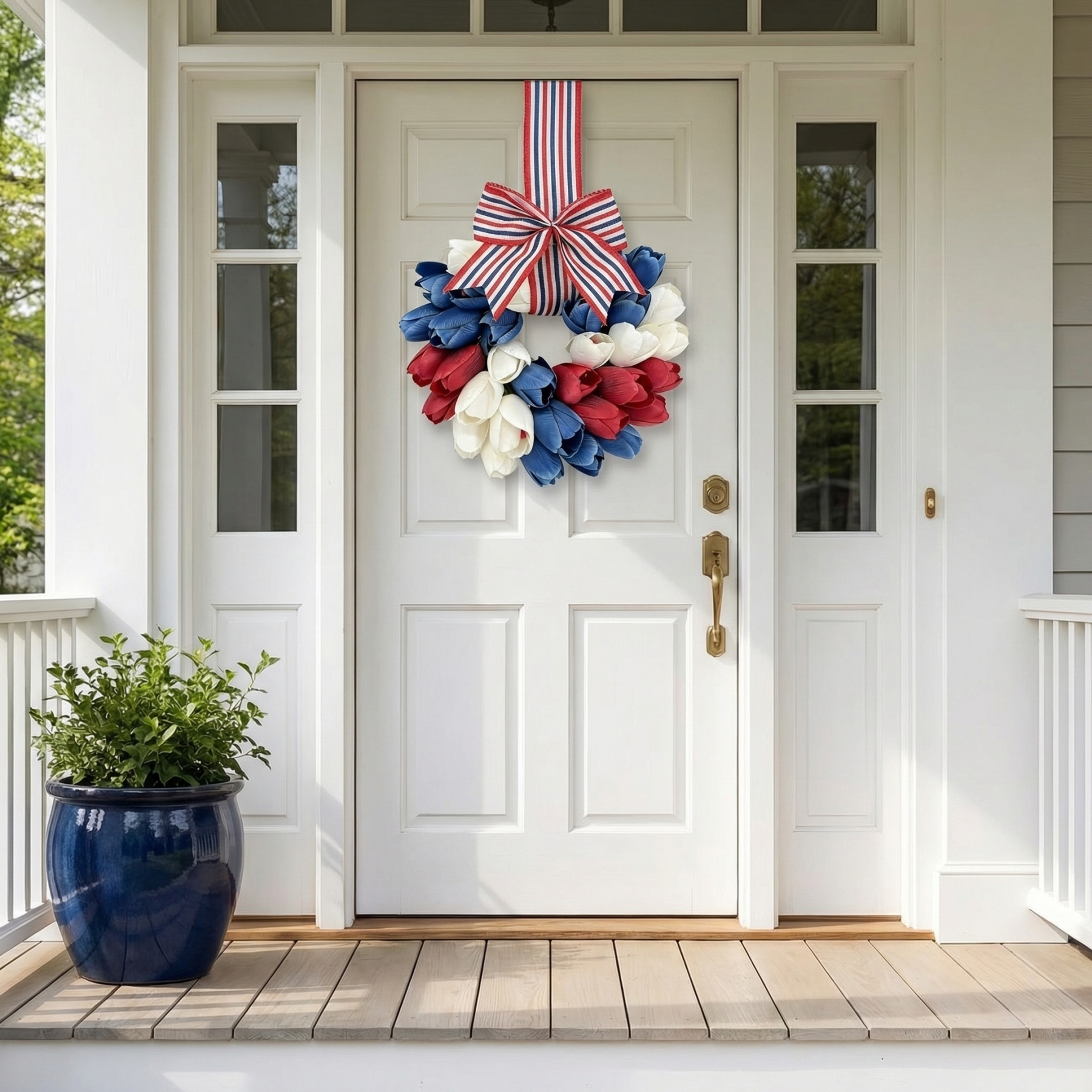 Patriotic Tulip Wreath with Striped Bow