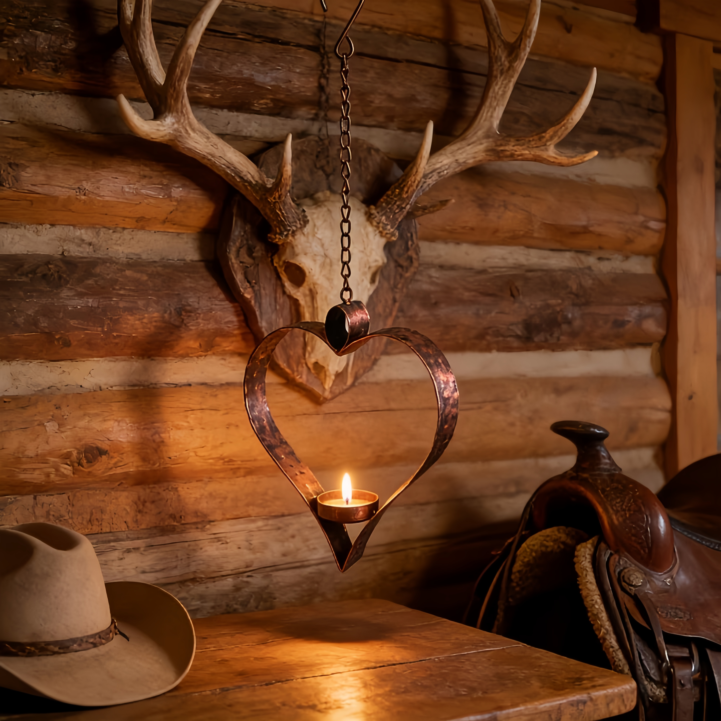 Rustic Hanging Heart Candle Holder with Chain