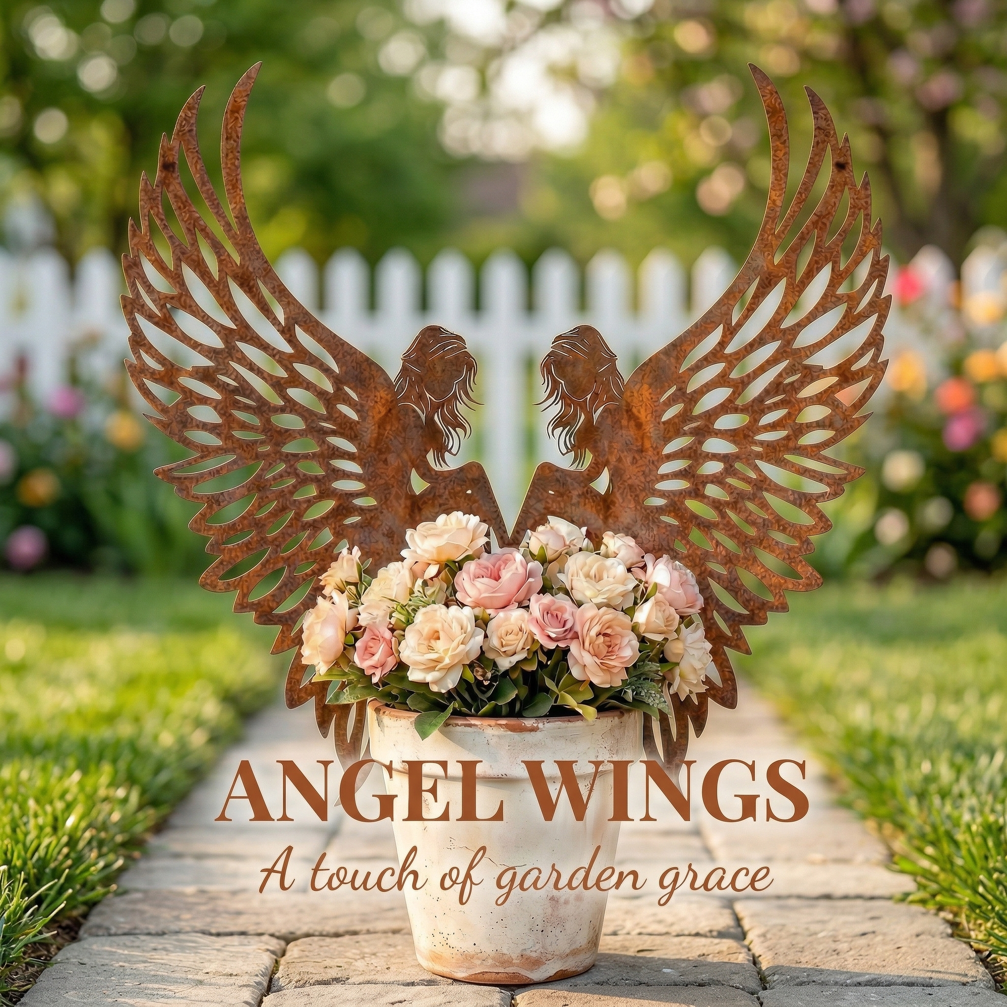 Distressed Rust Metal Angel Wing Planter Accent Pair