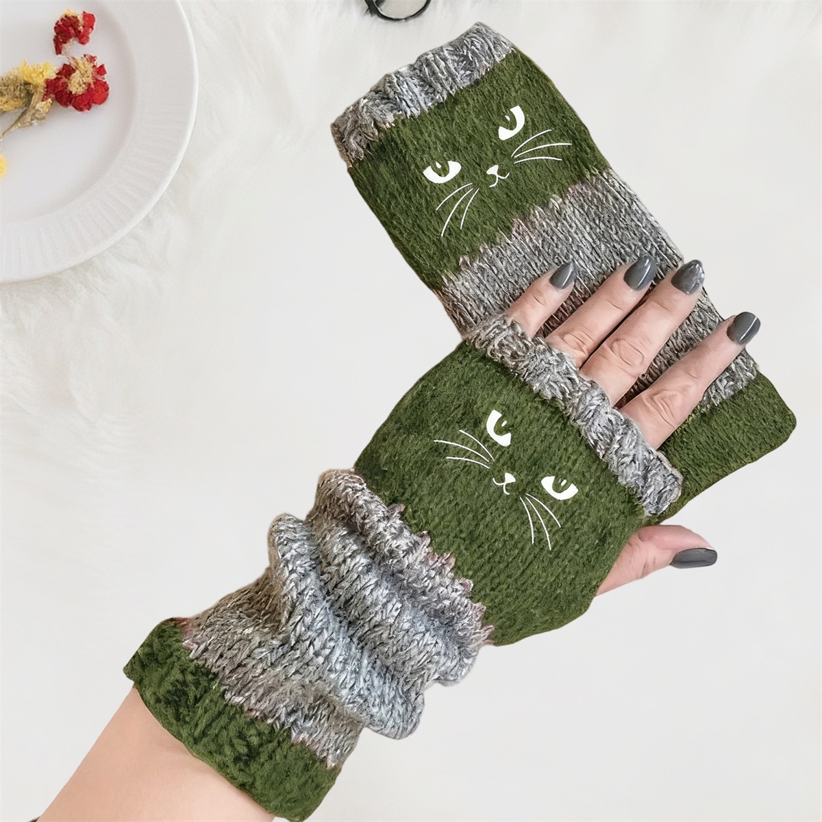 Cute Cat Face Winter Warm Fingerless Gloves