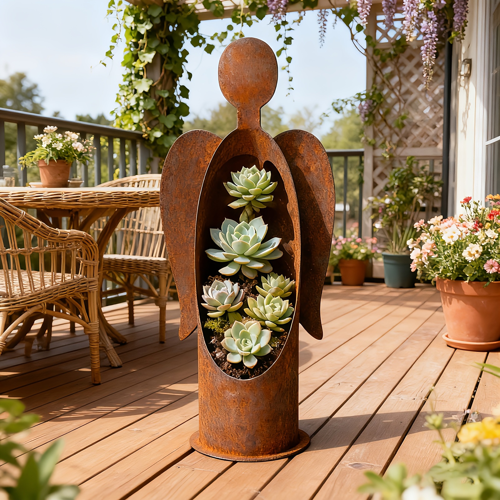 Rustic Metal Angel Garden Candle Holder or Plant Decor