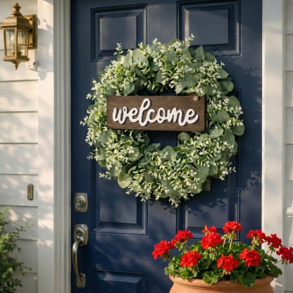 Artificial Eucalyptus Wreath with Wooden Welcome Sign