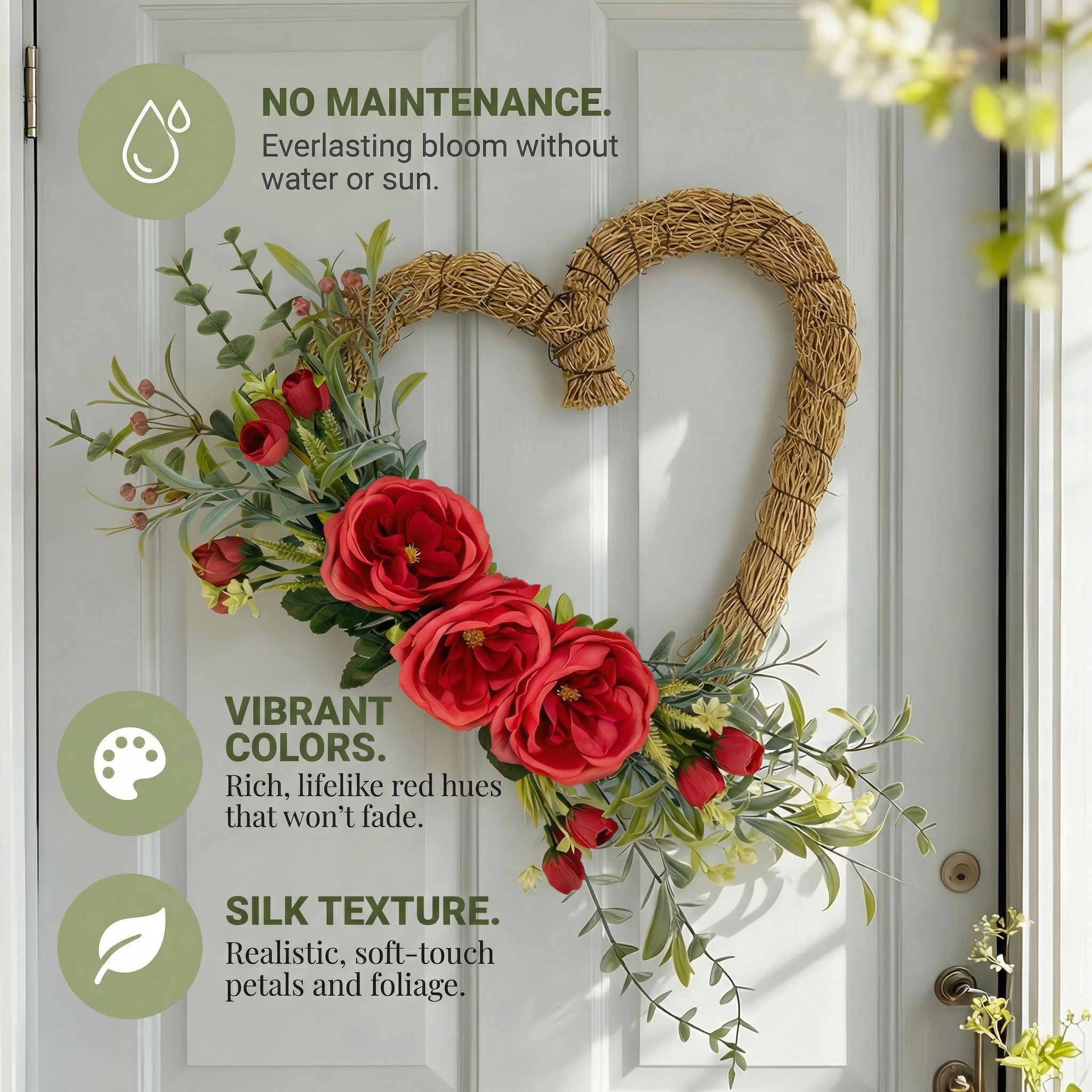 Handmade Heart-Shaped Rattan Wreath with Silk Peony Flowers
