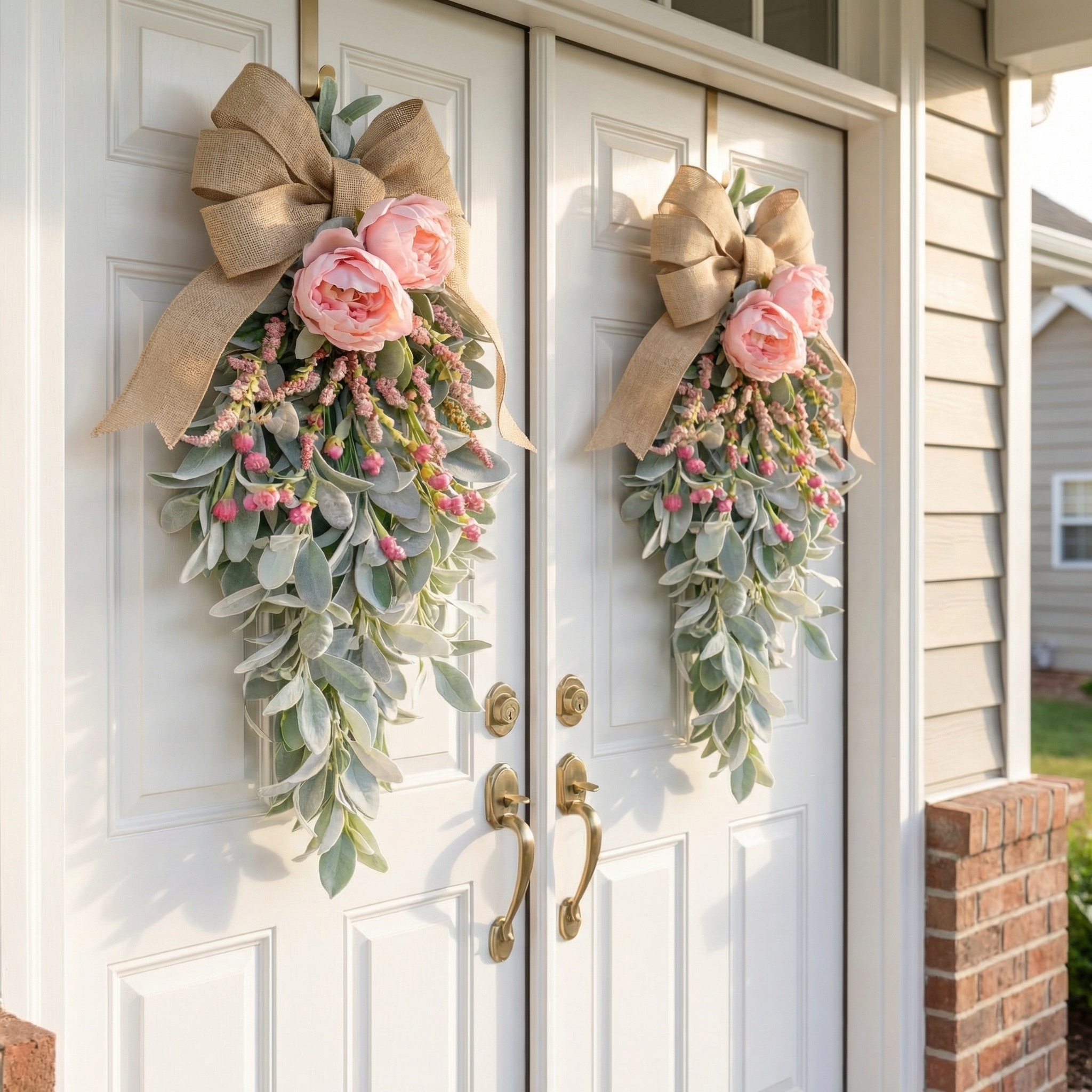Spring Teardrop Floral Door Swag with Burlap Bow
