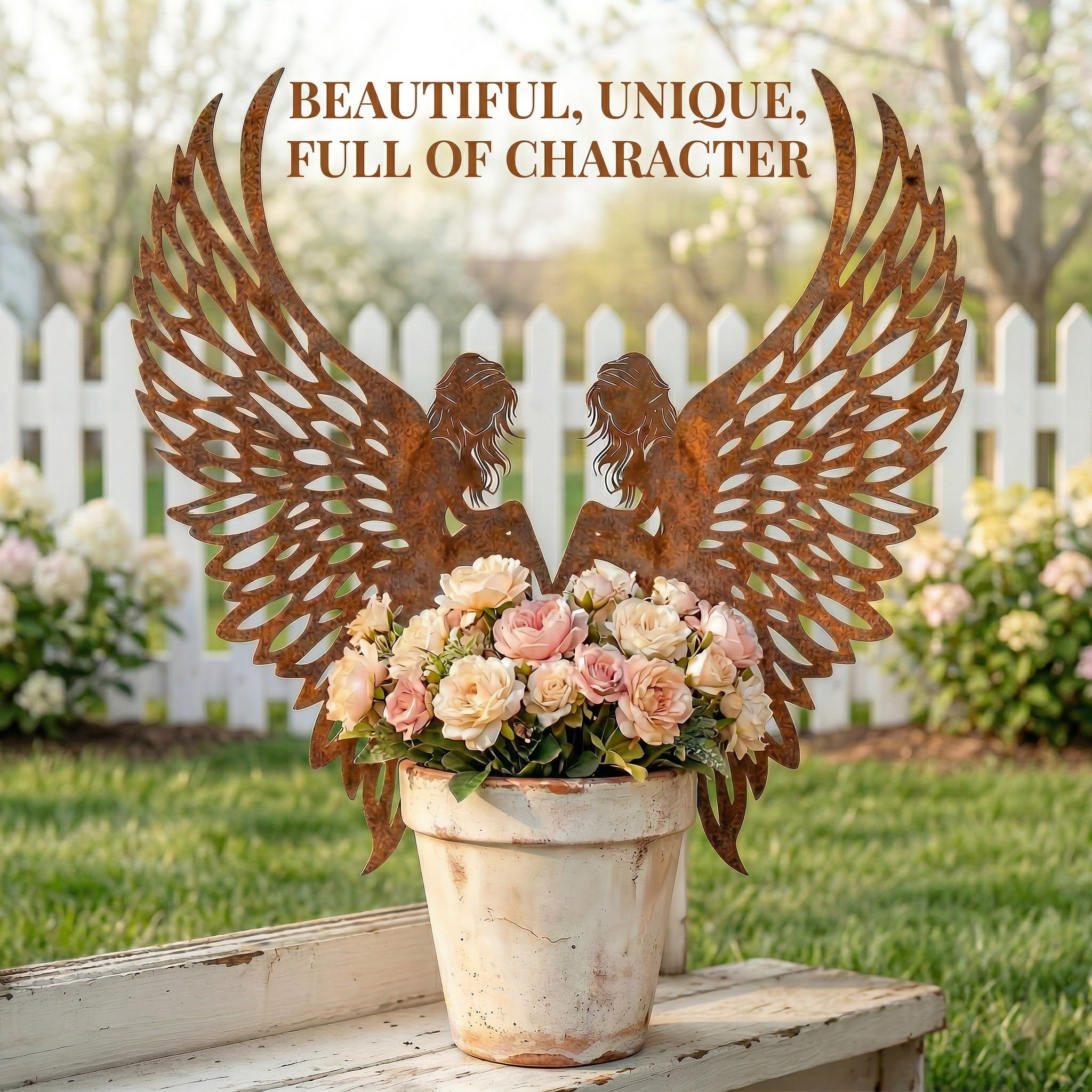 Distressed Rust Metal Angel Wing Planter Accent Pair