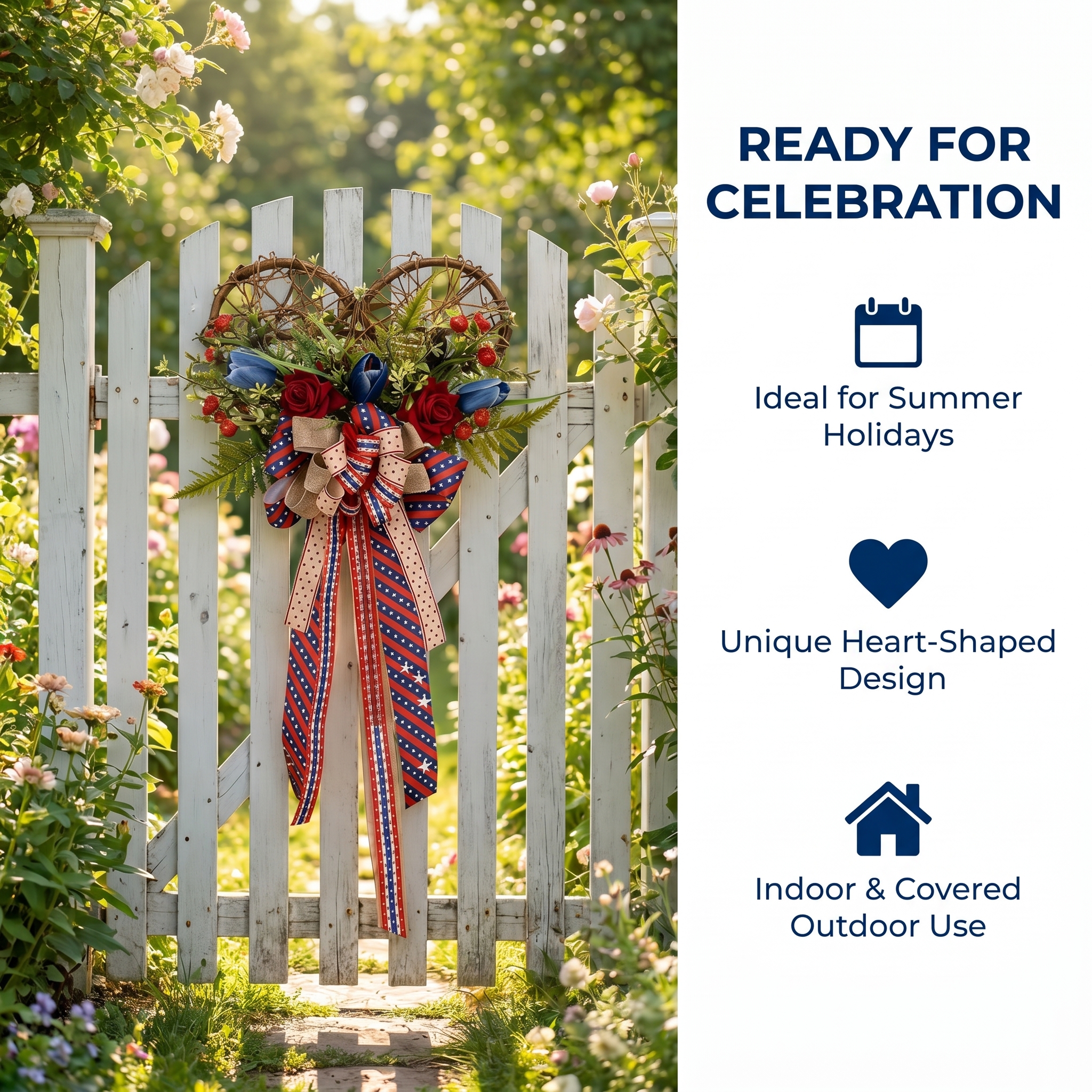 Patriotic Heart Door Wreath with Americana Ribbon Bow