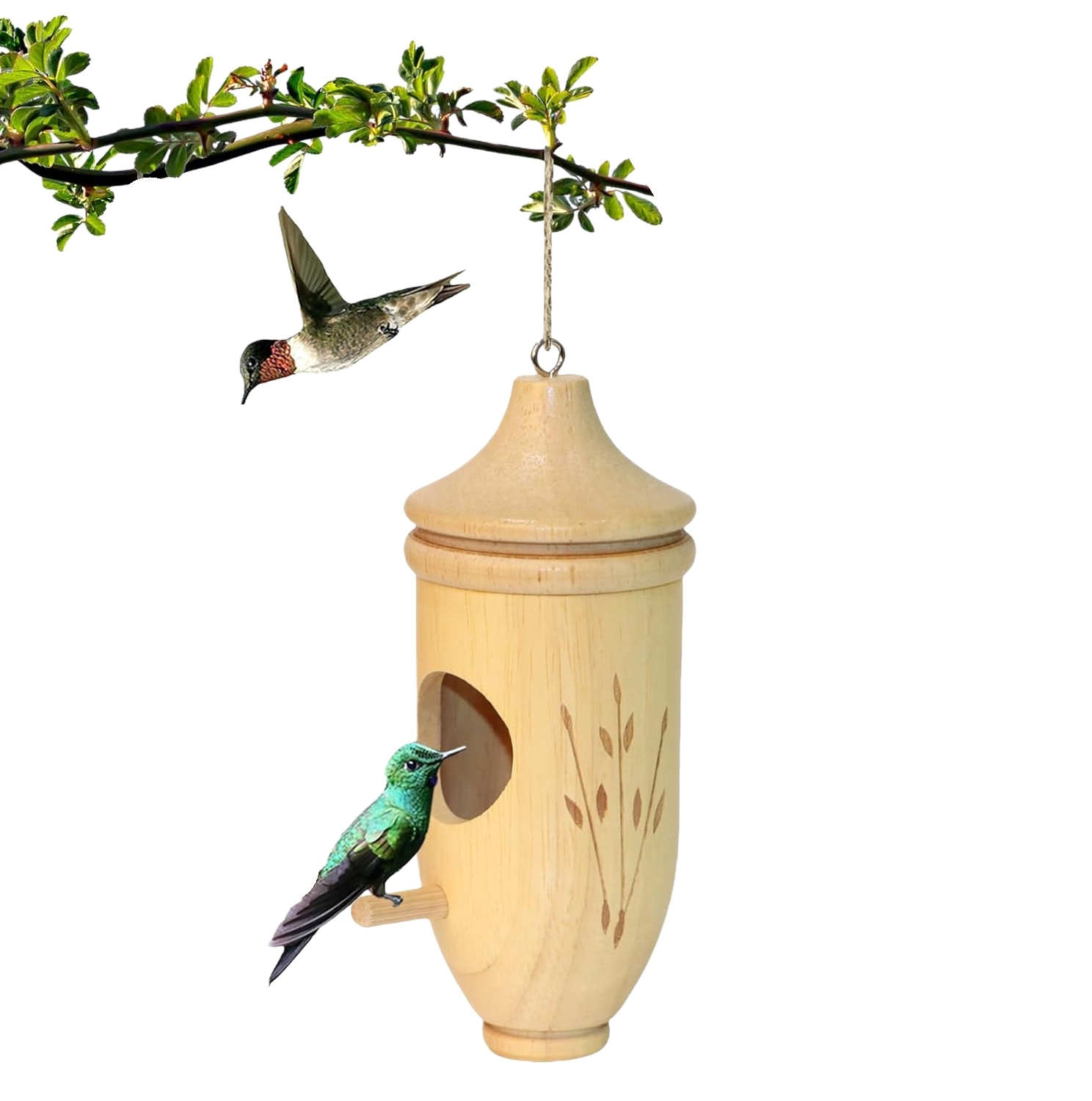 Natural Wooden Hummingbird House for Outdoor Hanging