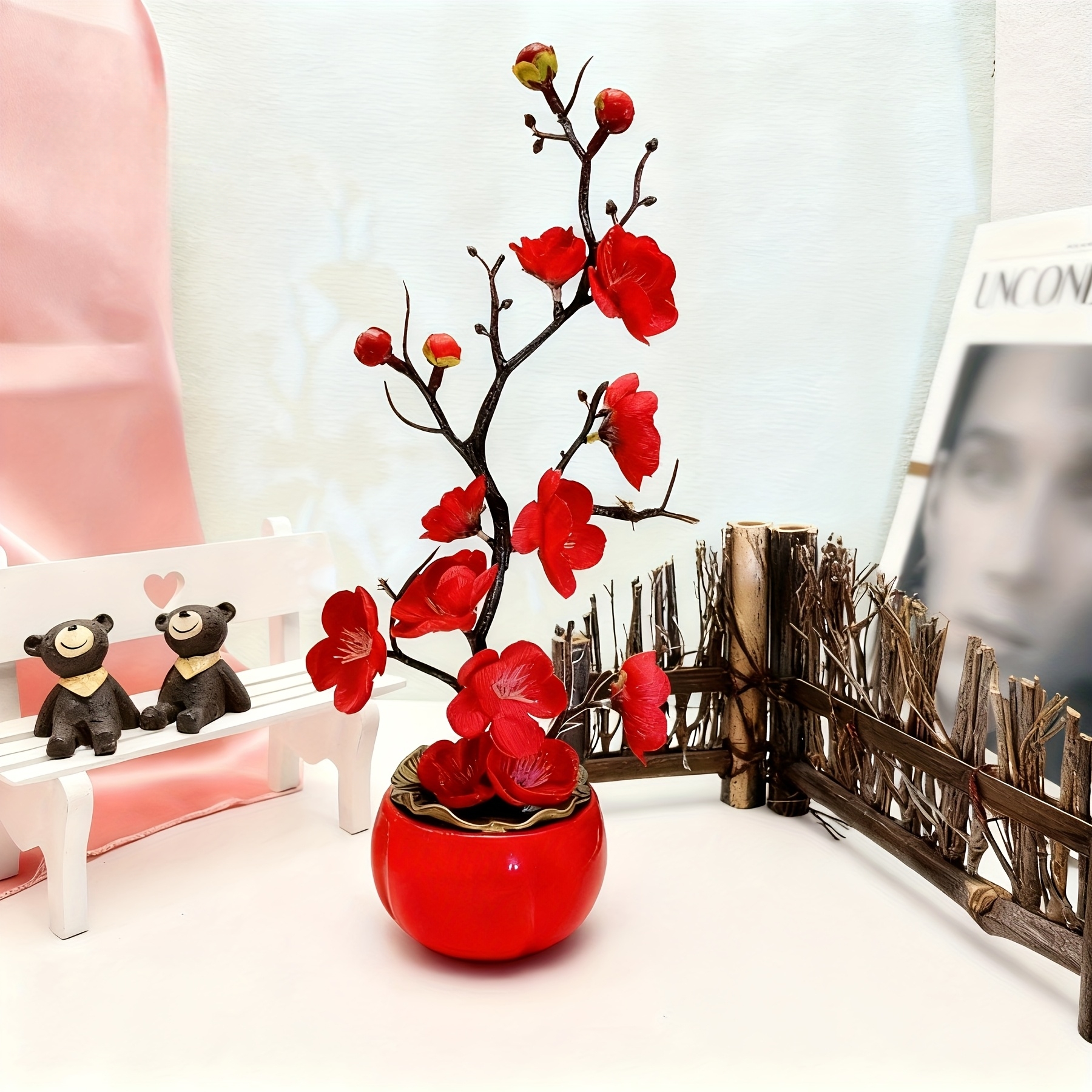 Artificial Plum Blossom Bonsai Tree in Red Pot