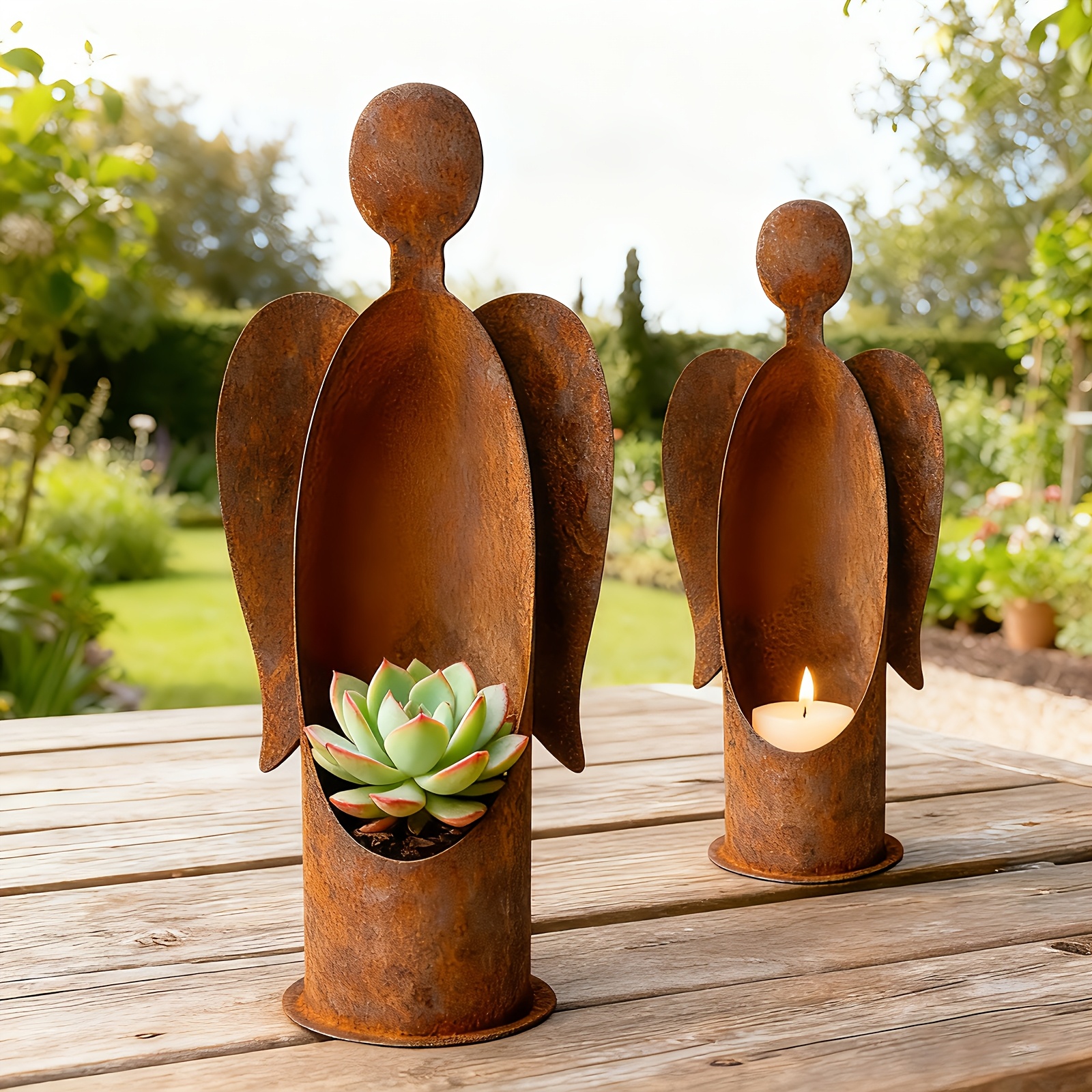 Rustic Metal Angel Garden Candle Holder or Plant Decor