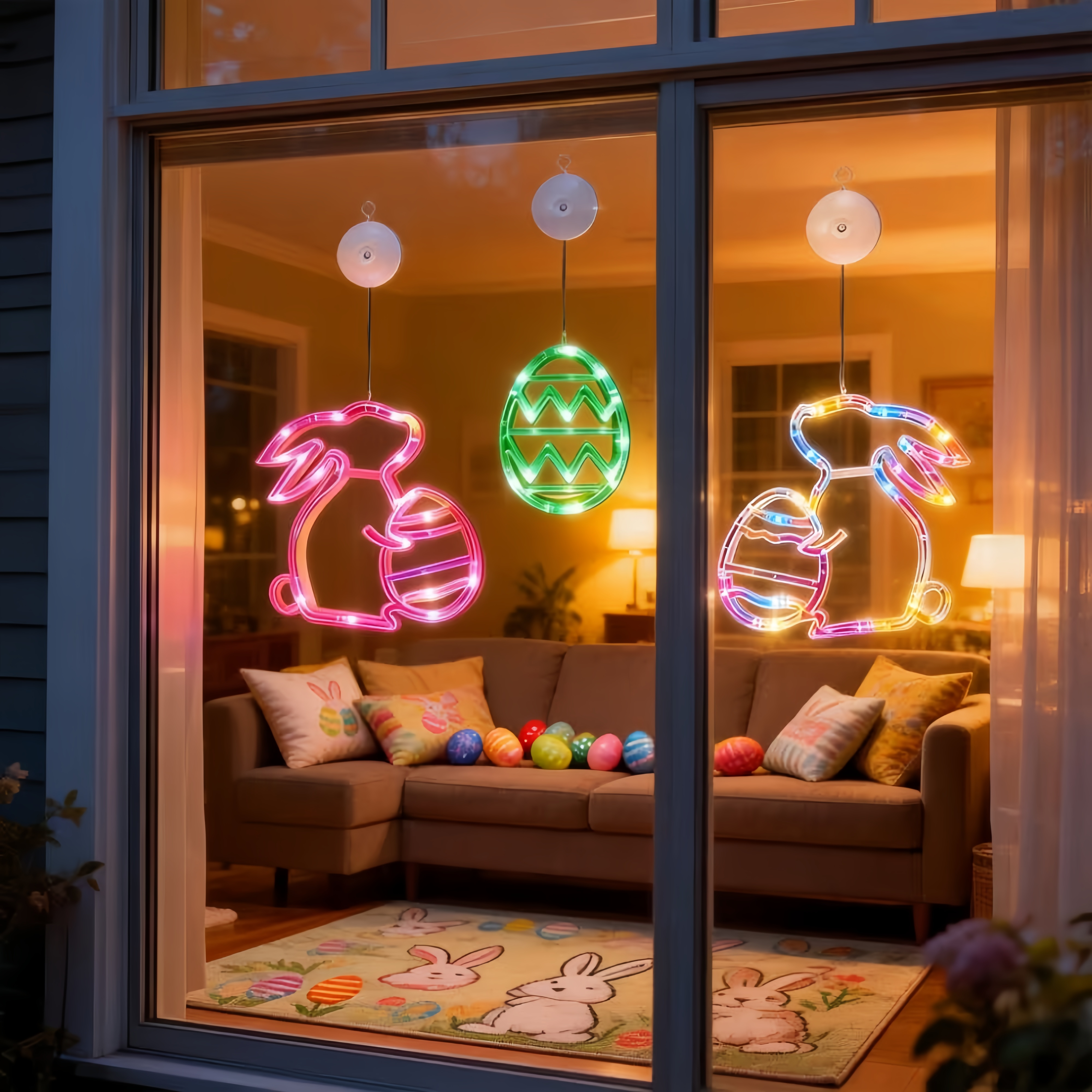 Bunny and Egg LED Window Hanging Lights with Suction Cups
