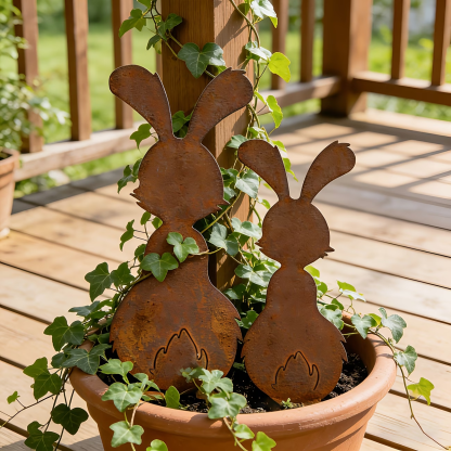 Set of 2 Rustic Metal Bunny Garden Stakes