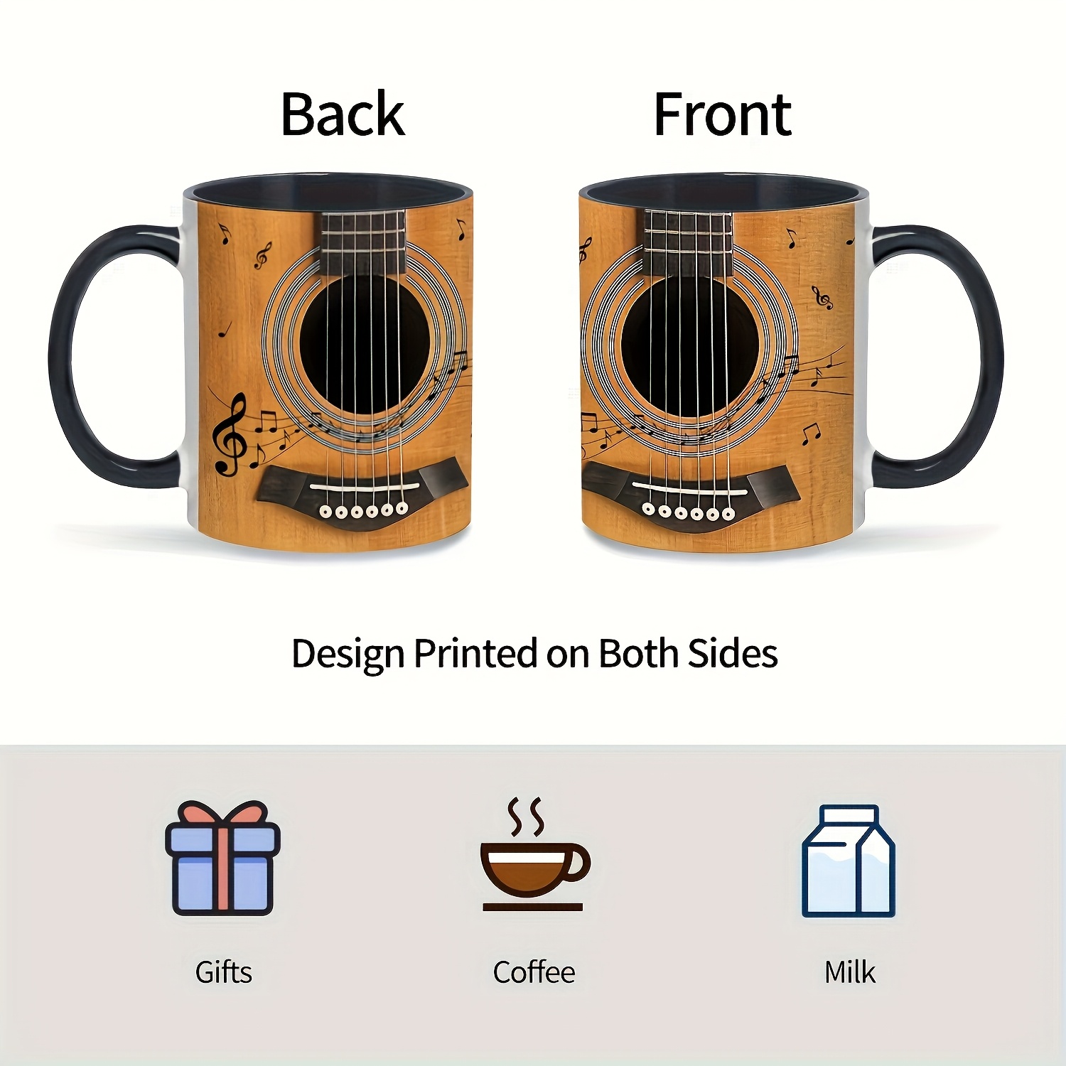 11oz Ceramic Guitar Coffee Mug with Music Notes & Artistic Accents
