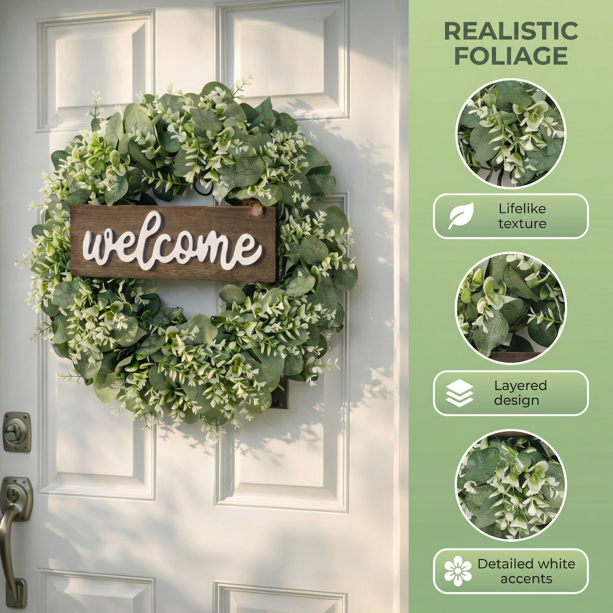 Artificial Eucalyptus Wreath with Wooden Welcome Sign