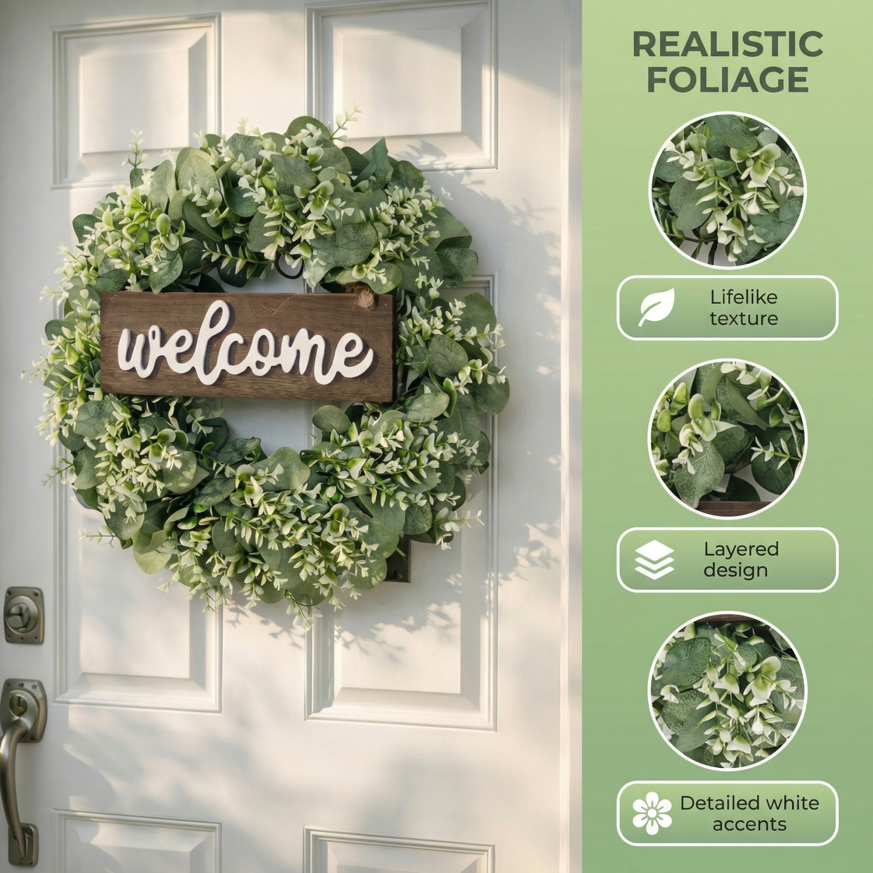 Artificial Eucalyptus Wreath with Wooden Welcome Sign