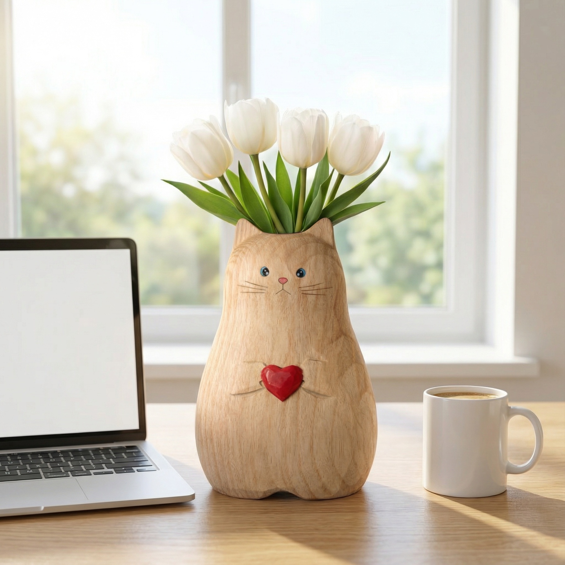 Cat Shaped Flower Vase with Red Heart