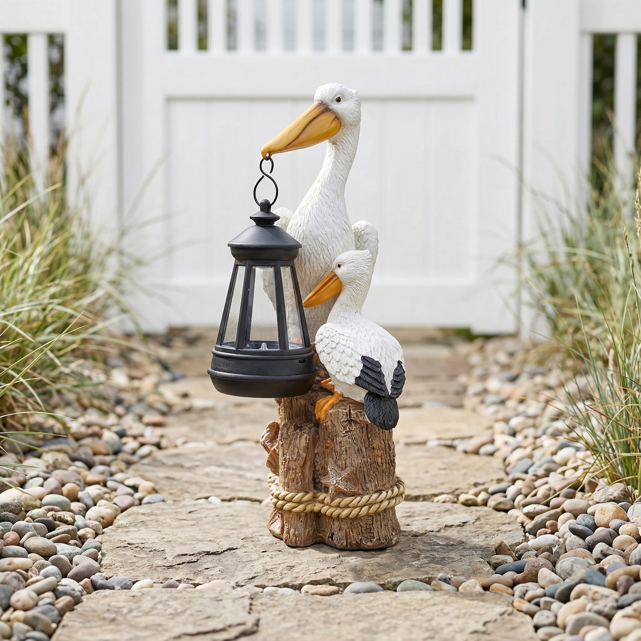 Whimsical Solar Pelican Mother & Baby Garden Lantern Statue