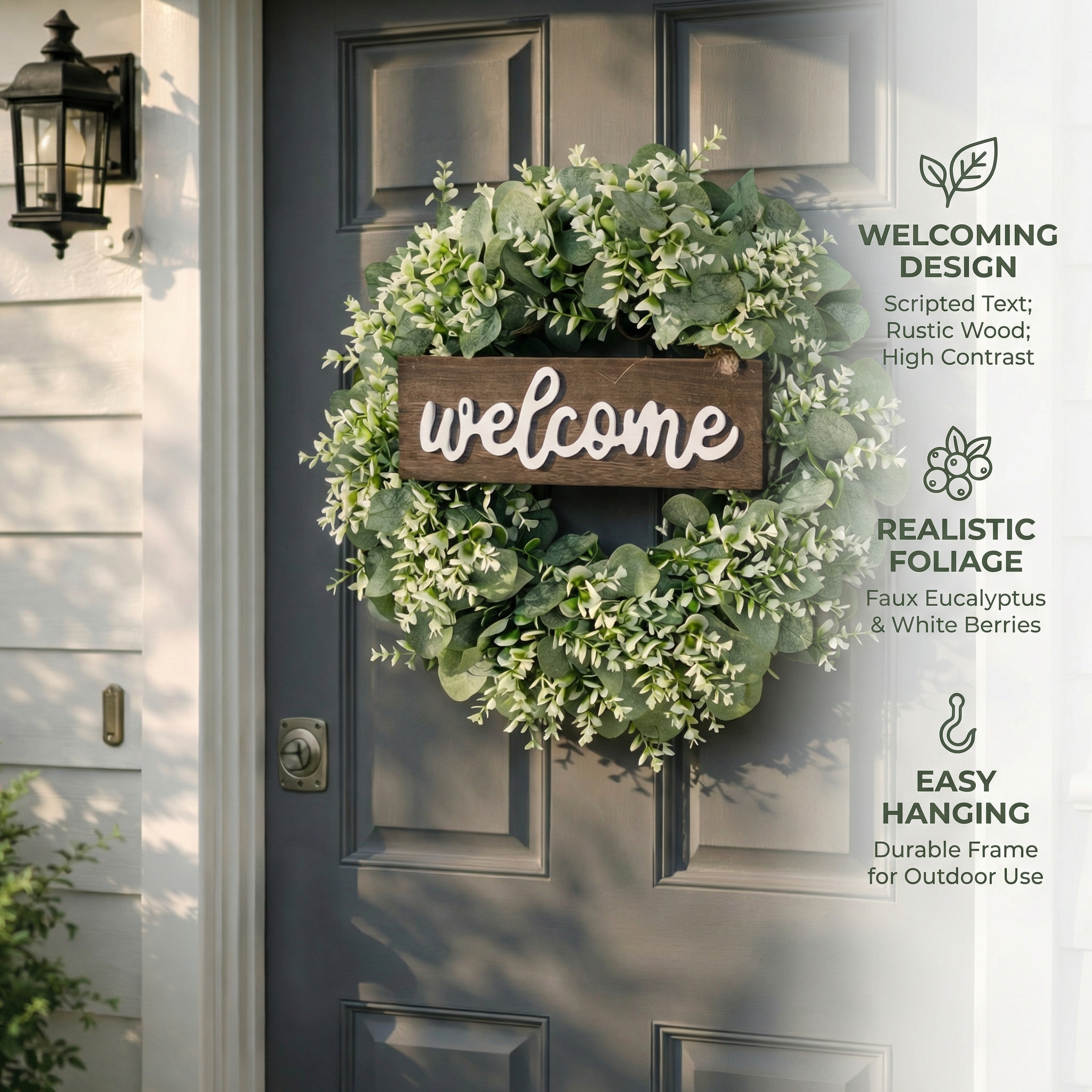 Artificial Eucalyptus Wreath with Wooden Welcome Sign