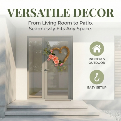 Handmade Heart-Shaped Rattan Wreath with Silk Peony Flowers