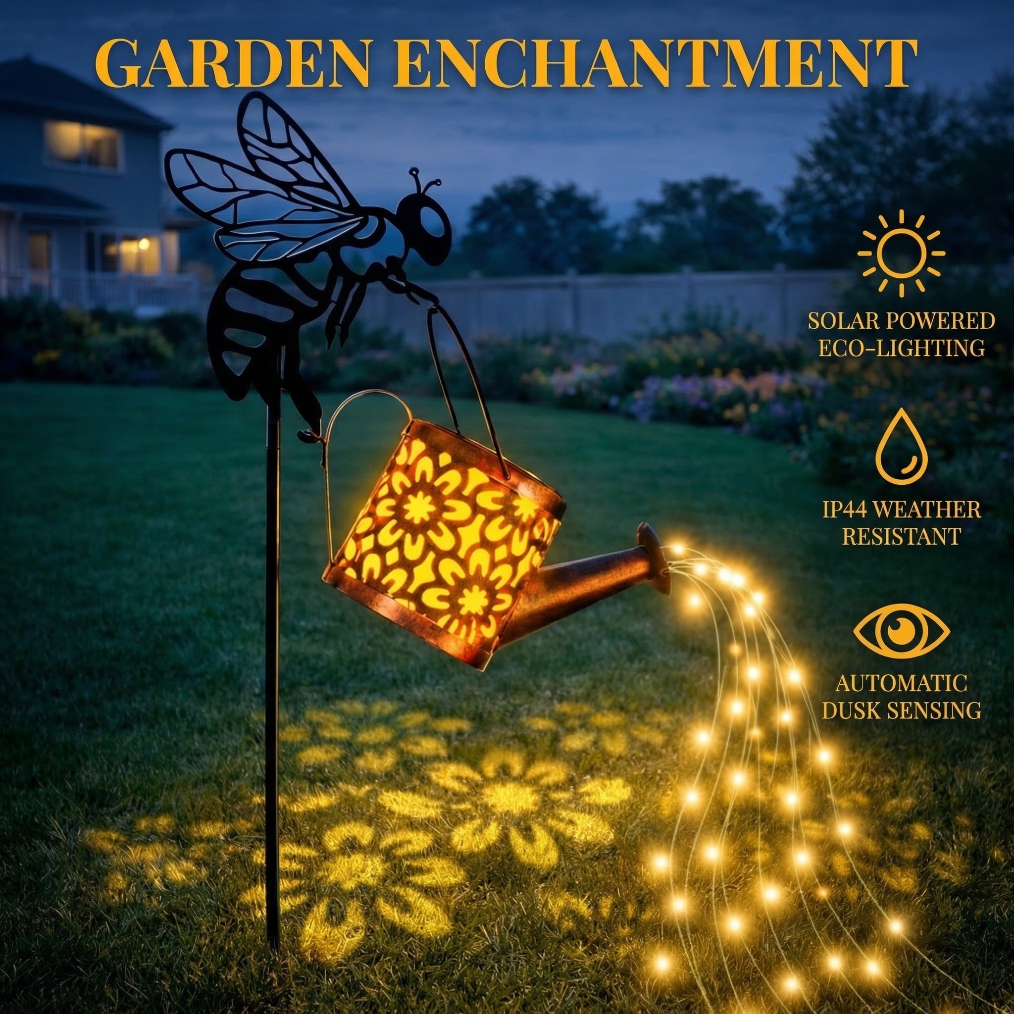 Bee Watering Can Solar Garden Light – Glowing Water Stream Decor