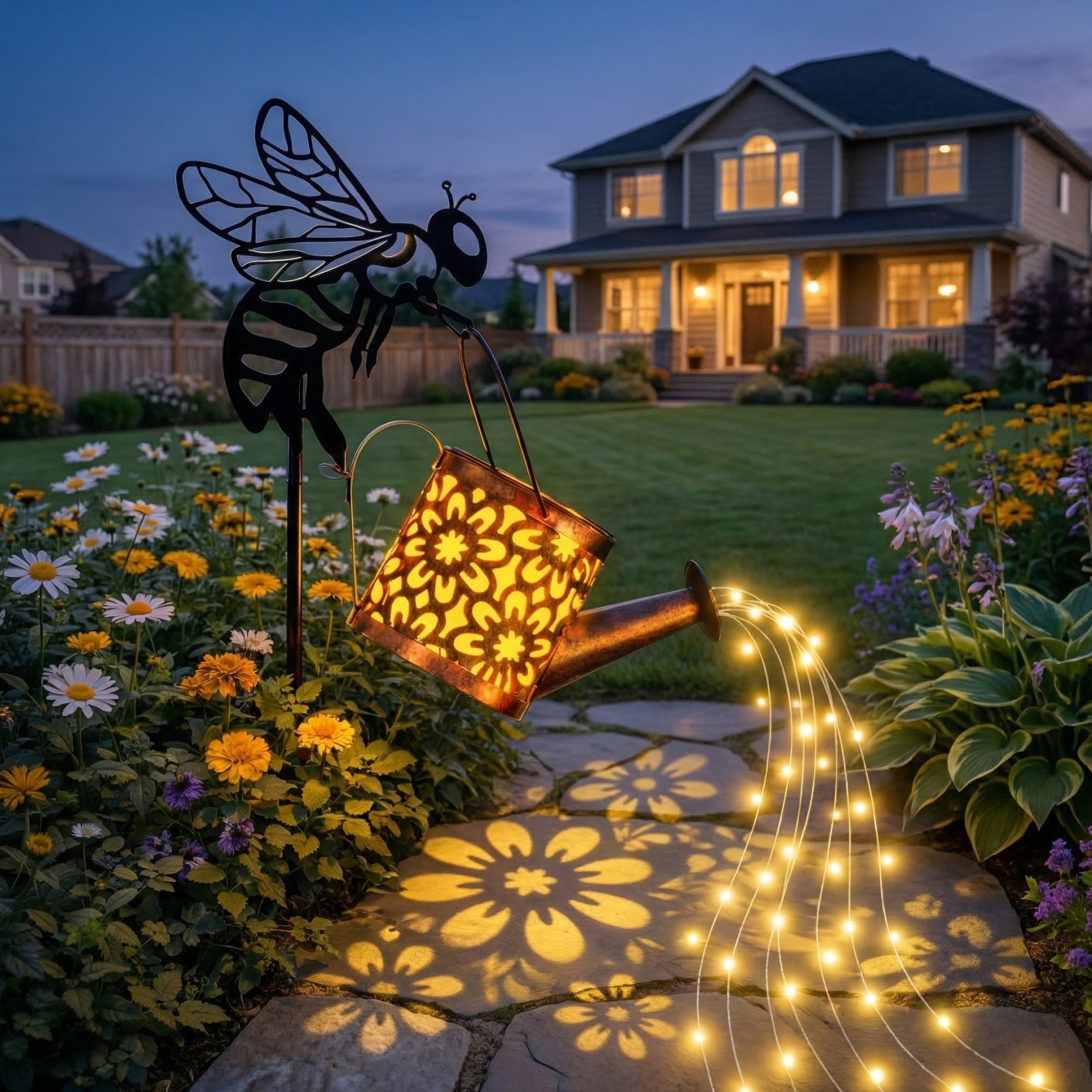 Bee Watering Can Solar Garden Light – Glowing Water Stream Decor