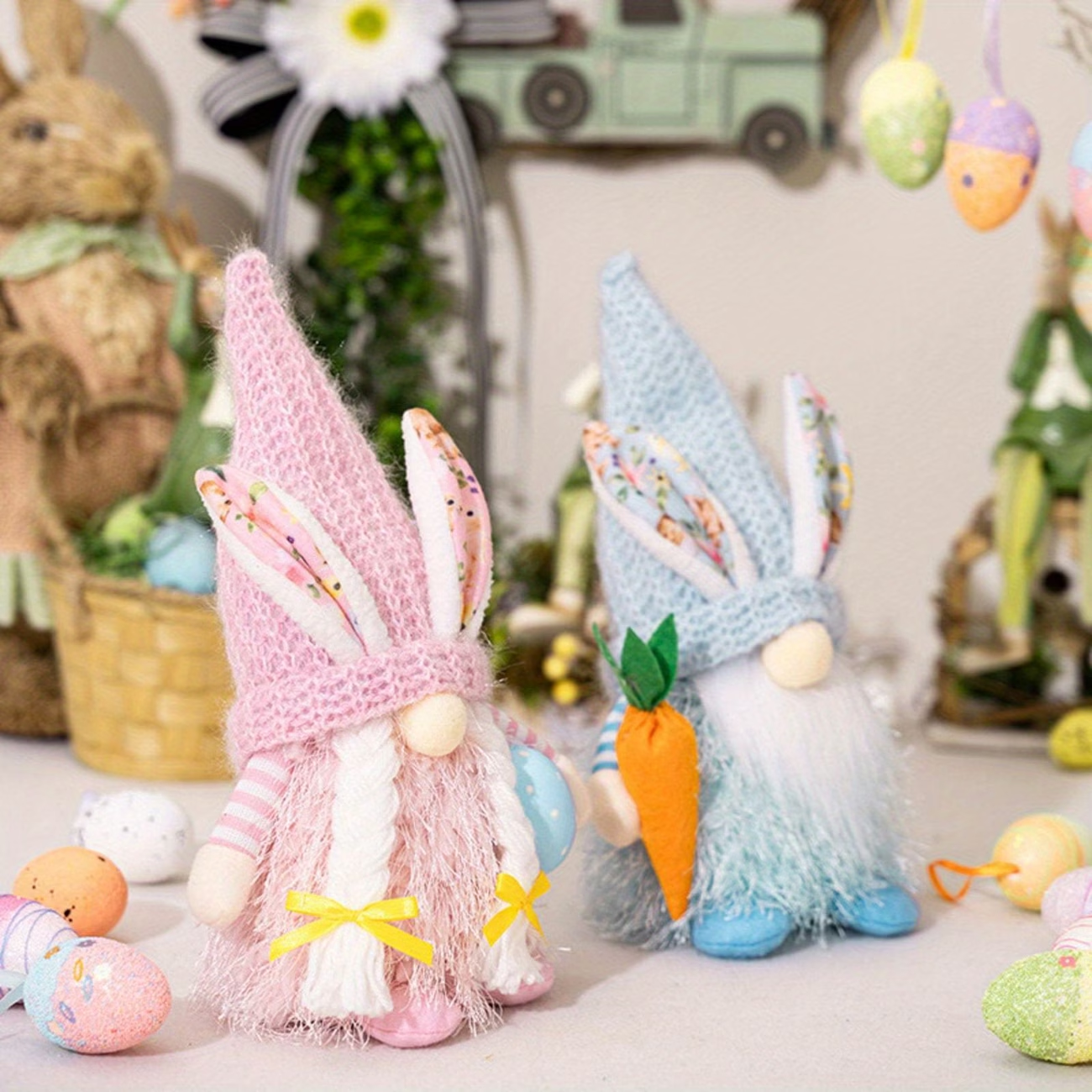 Spring Bunny Gnome Plush Figurines with Knit Hats