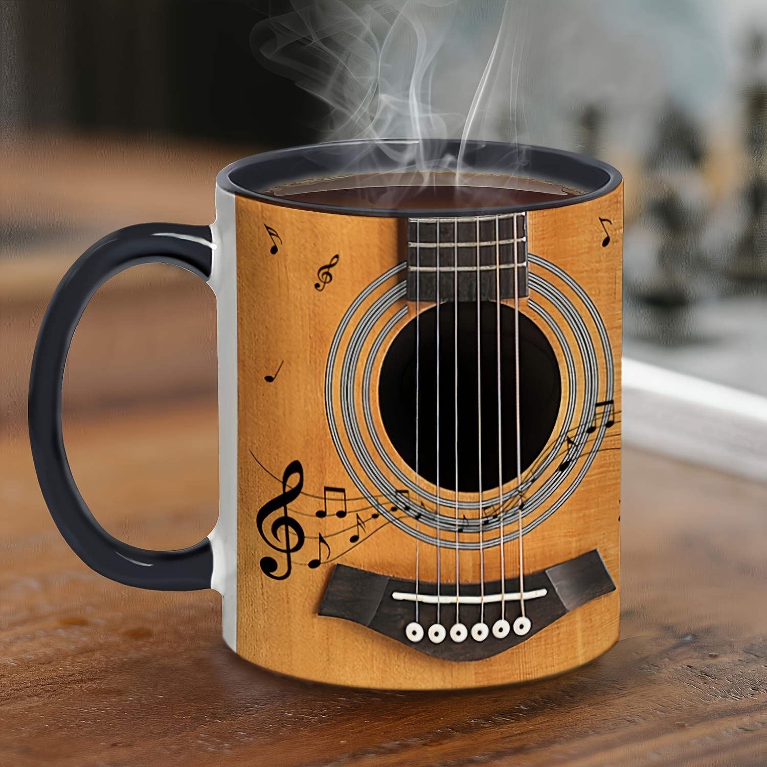 11oz Ceramic Guitar Coffee Mug with Music Notes & Artistic Accents