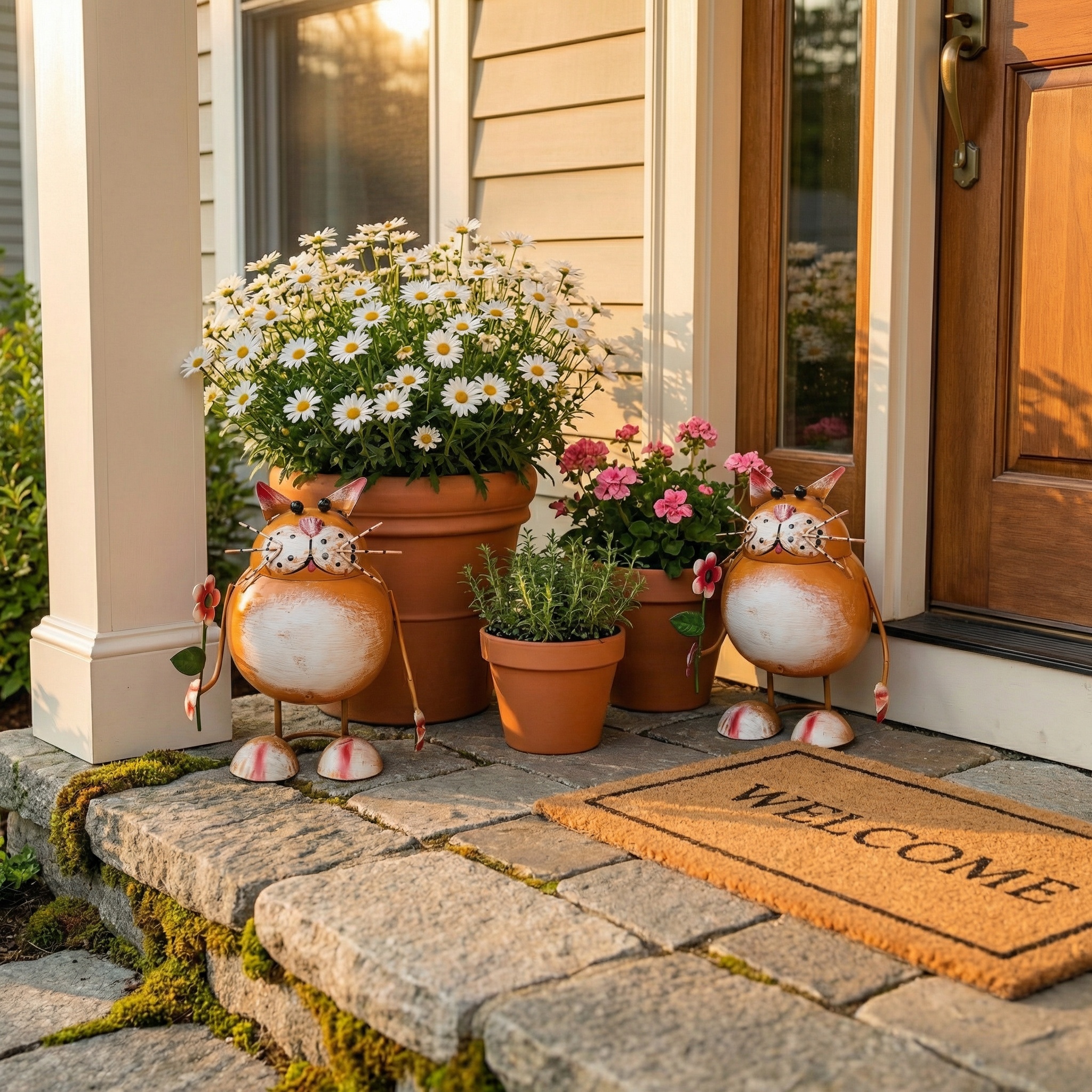 Whimsical Metal Cat Garden Statue with Flower