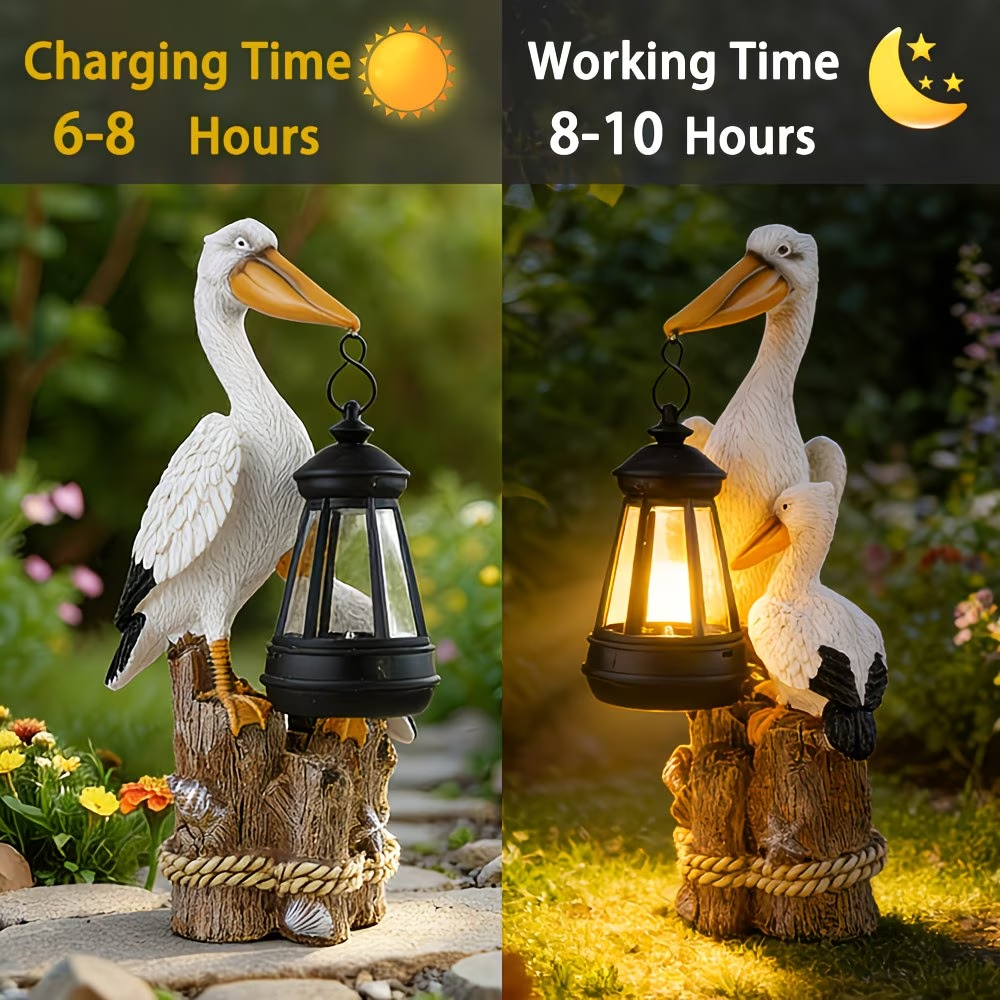 Whimsical Solar Pelican Mother & Baby Garden Lantern Statue