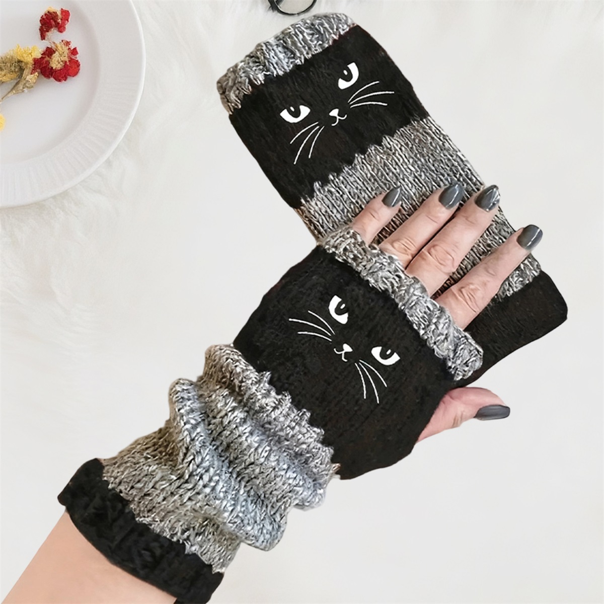 Cute Cat Face Winter Warm Fingerless Gloves