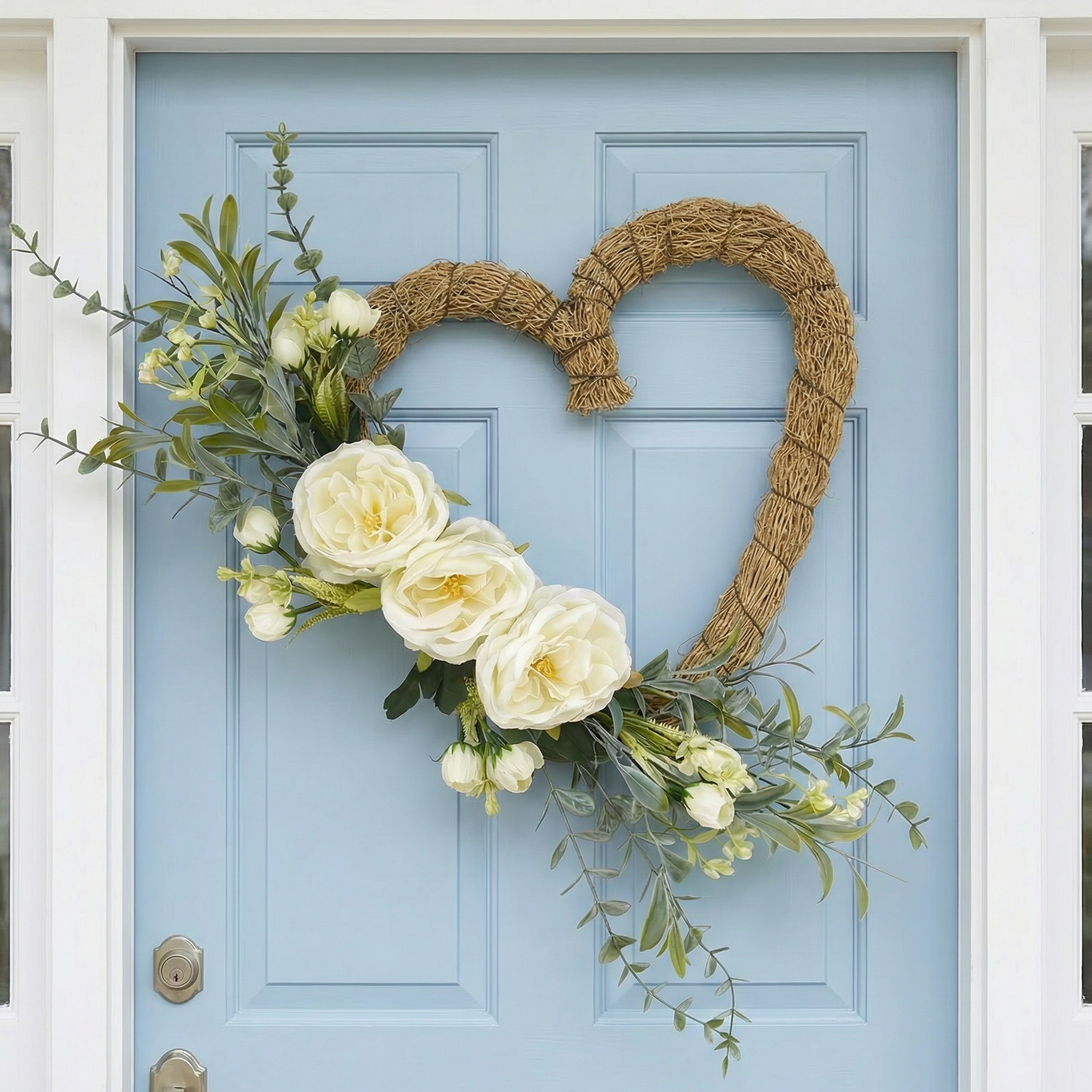 Handmade Heart-Shaped Rattan Wreath with Silk Peony Flowers