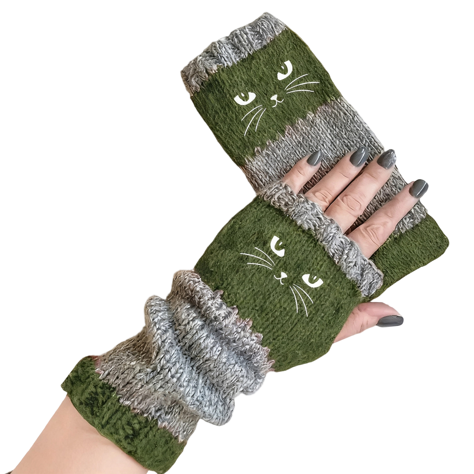 Cute Cat Face Winter Warm Fingerless Gloves