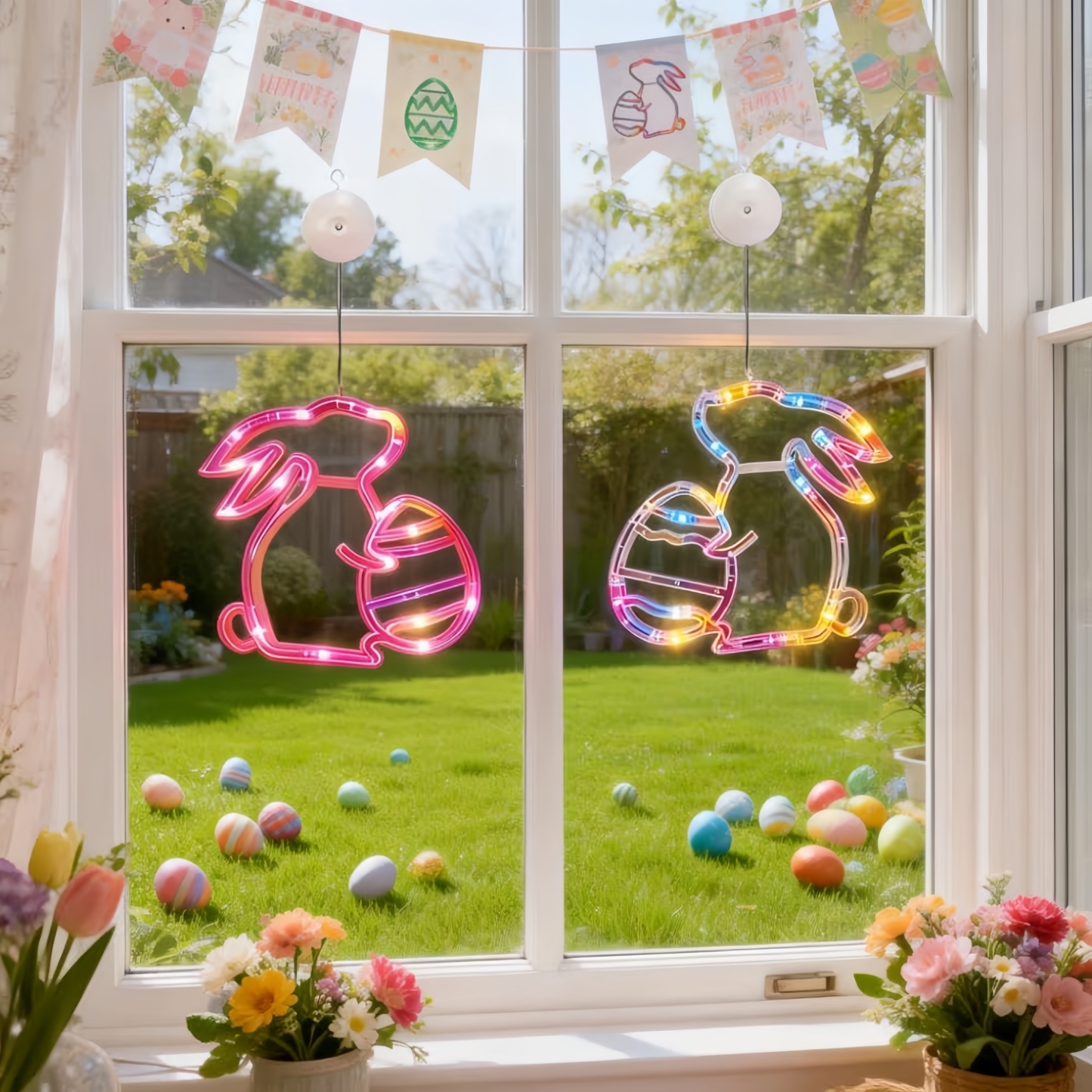 Bunny and Egg LED Window Hanging Lights with Suction Cups