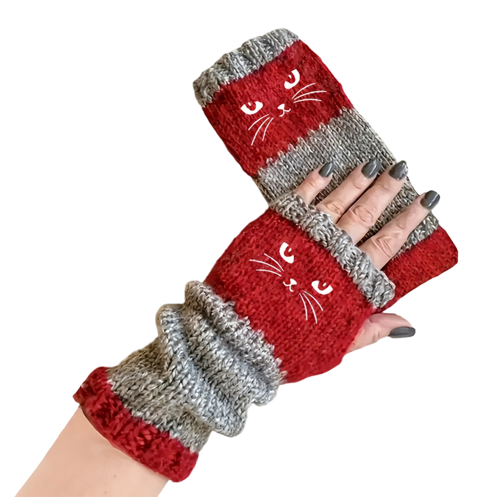Cute Cat Face Winter Warm Fingerless Gloves
