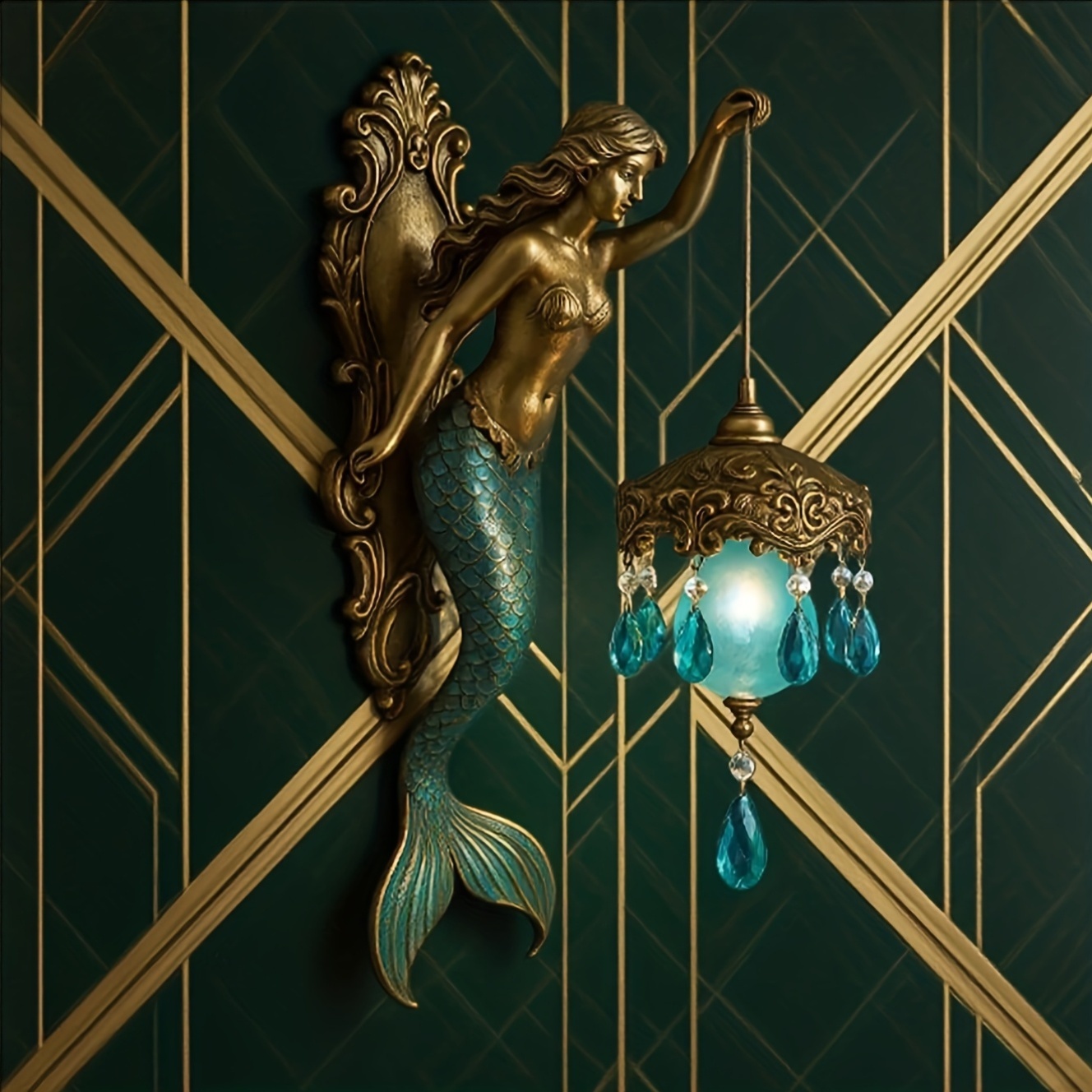 Vintage Bronze Mermaid Wall Lamp with Crystal Droplets