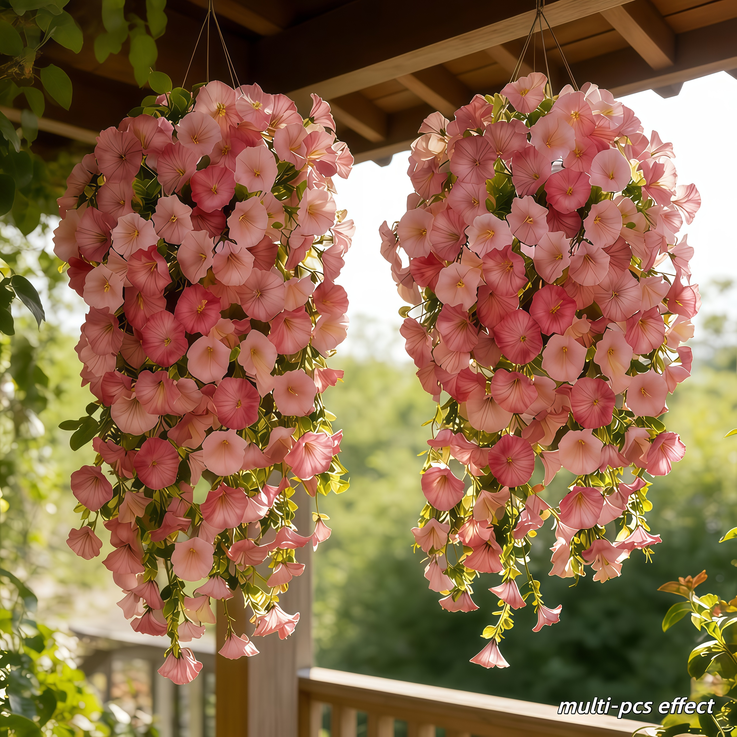 Artificial Hanging Morning Glory Flowers with Greenery, UV Resistant