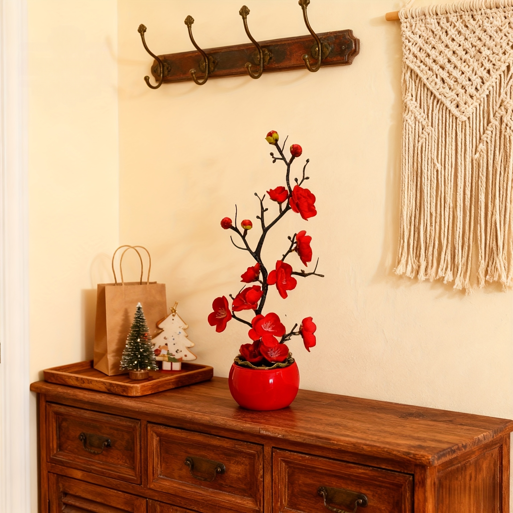 Artificial Plum Blossom Bonsai Tree in Red Pot