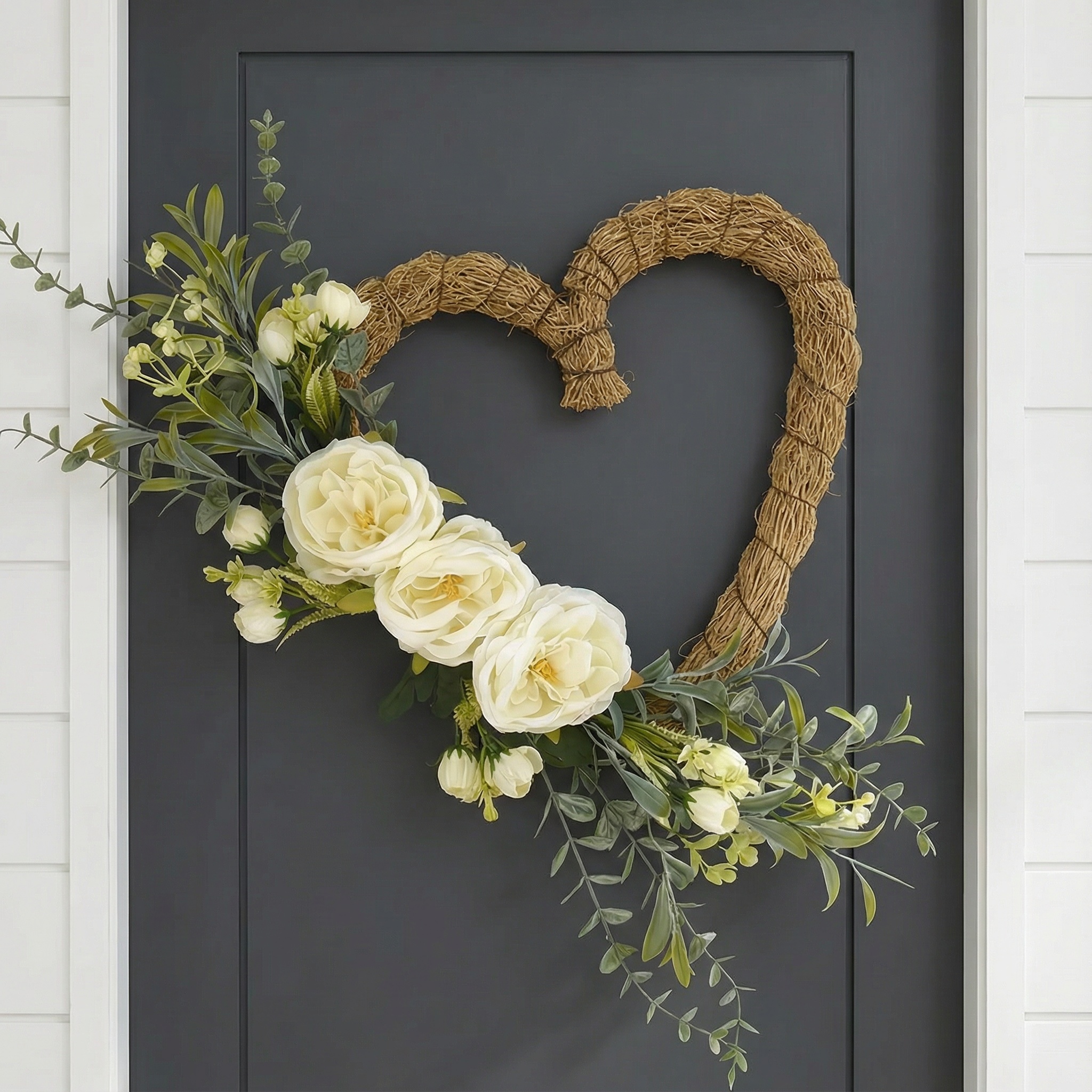 Handmade Heart-Shaped Rattan Wreath with Silk Peony Flowers