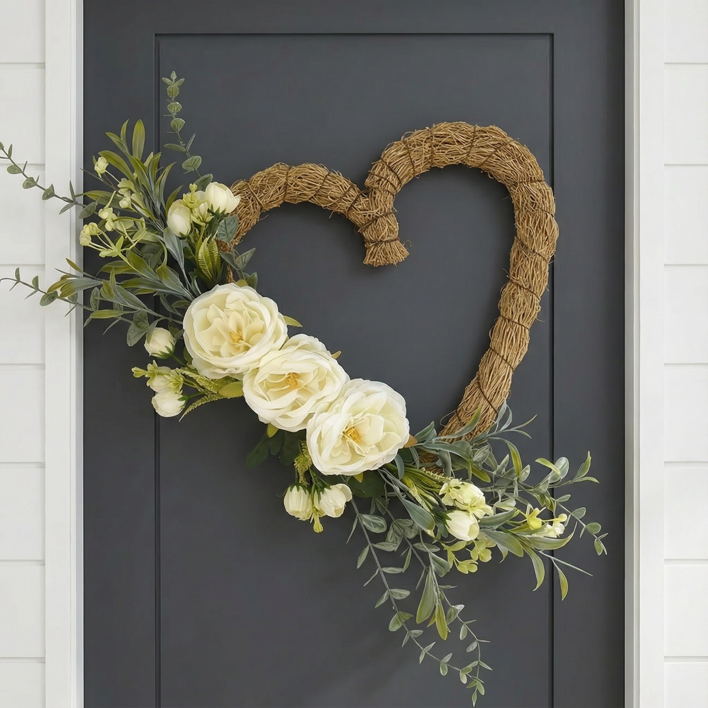 Handmade Heart-Shaped Rattan Wreath with Silk Peony Flowers