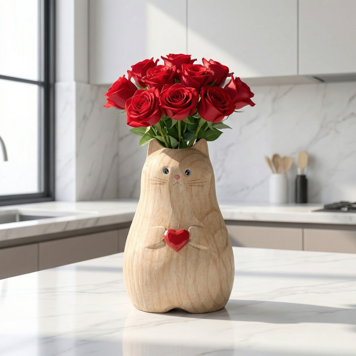 Cat Shaped Flower Vase with Red Heart