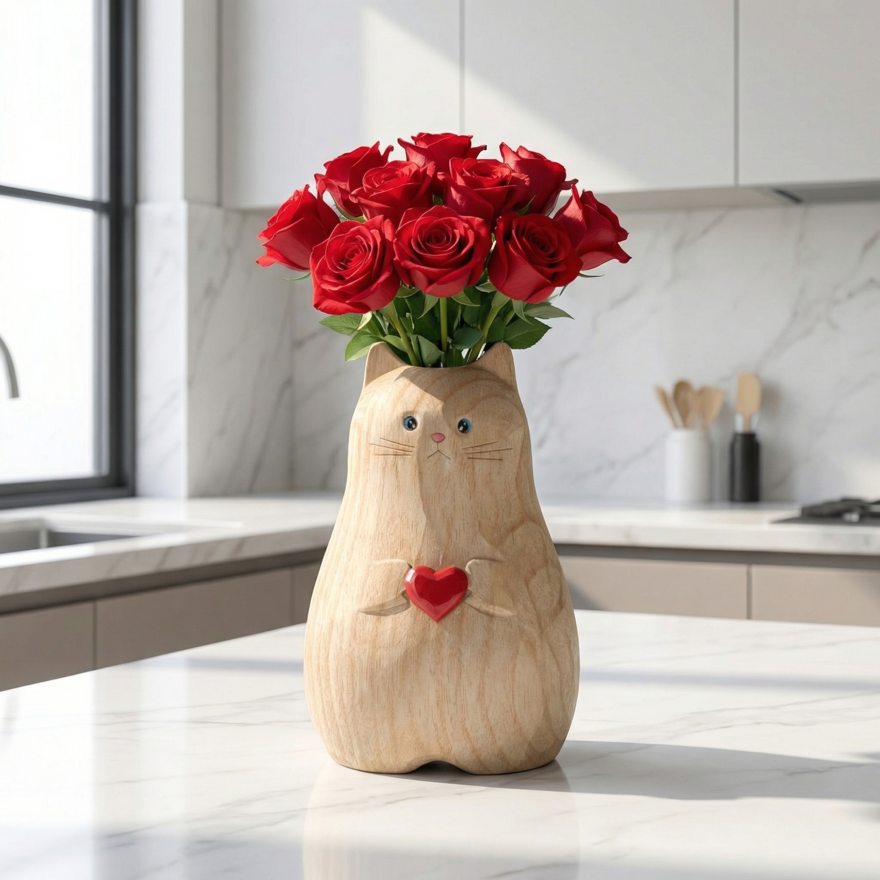Cat Shaped Flower Vase with Red Heart