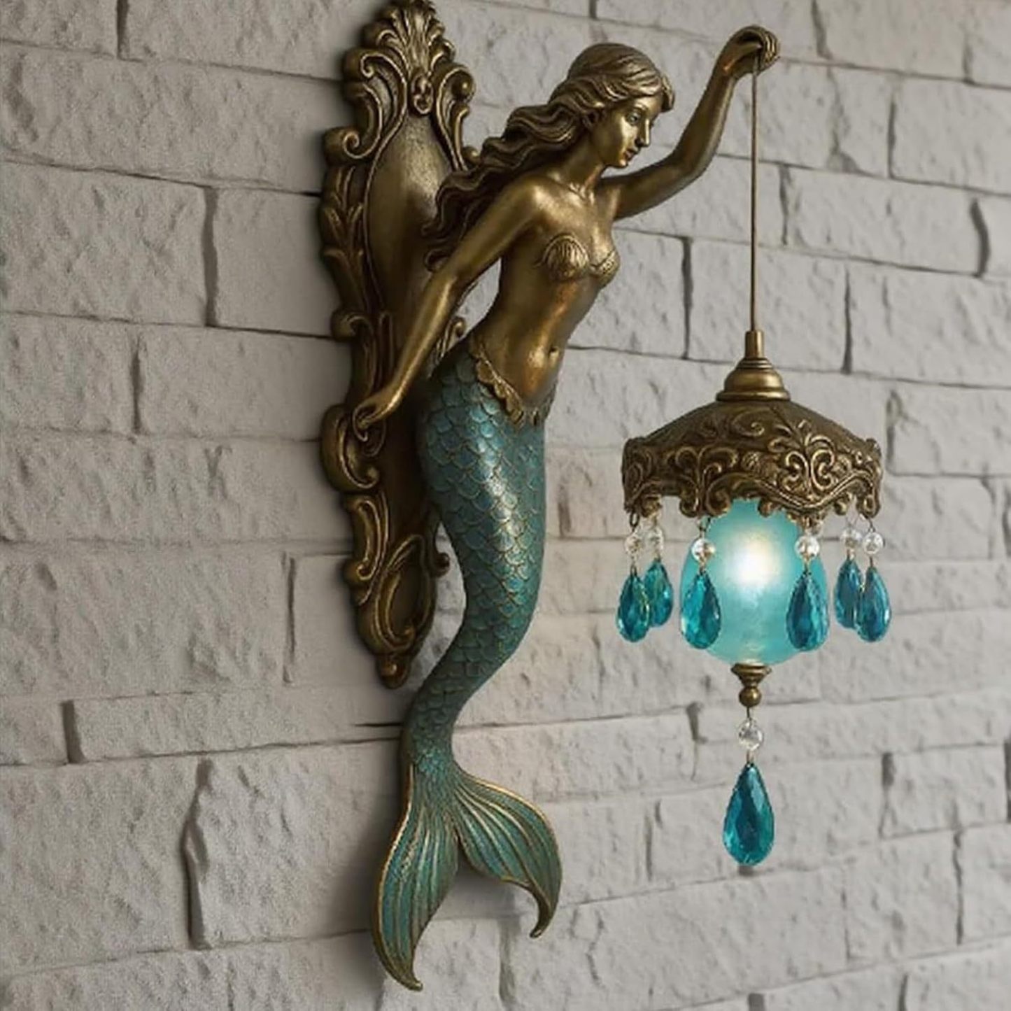 Vintage Bronze Mermaid Wall Lamp with Crystal Droplets
