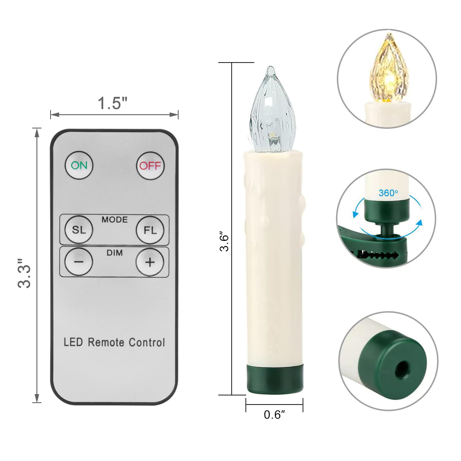 10 Pack LED Flameless Taper Candles with Remote & Removable Clips