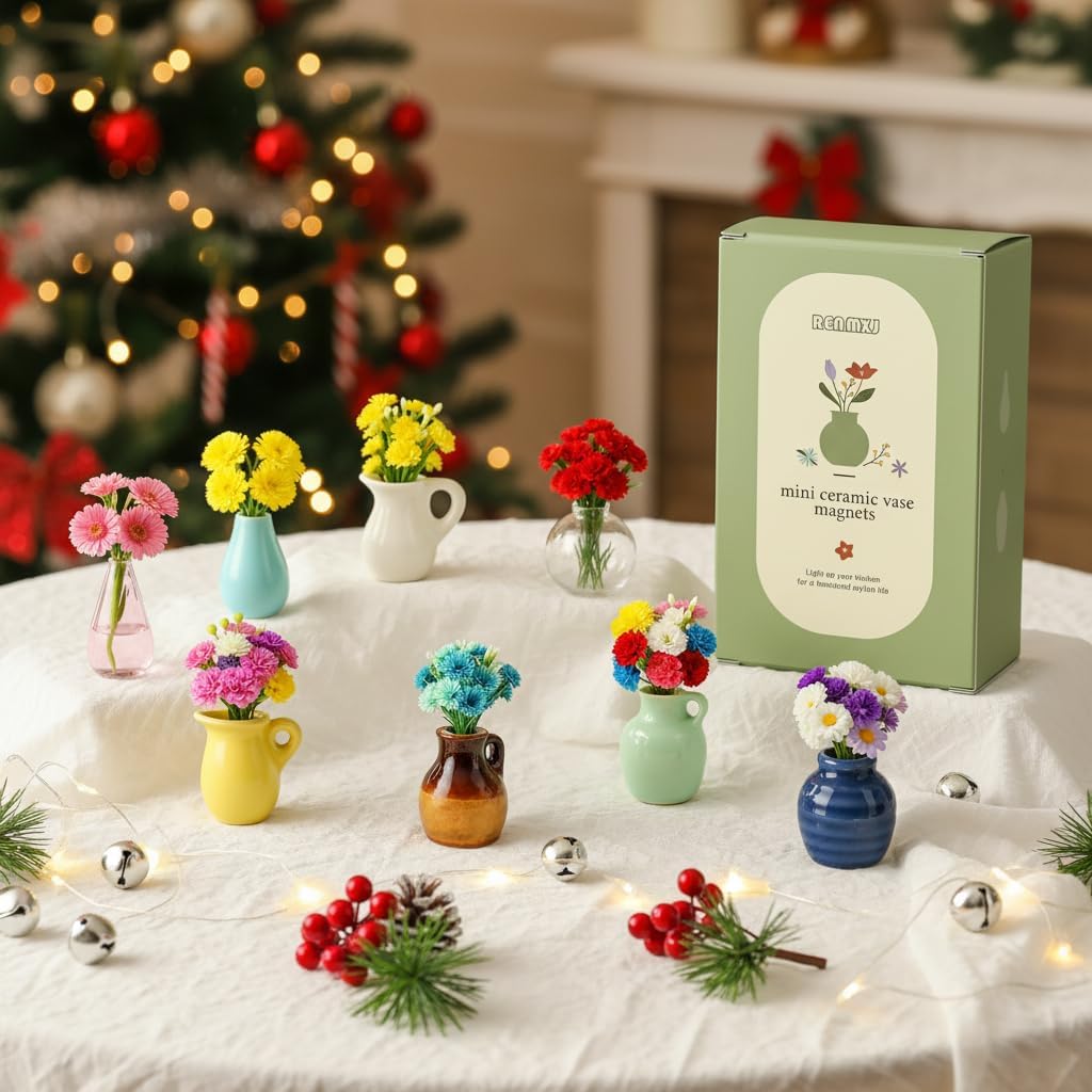 8 Pcs Cute 3D Mini Ceramic Vase Fridge Magnet Set