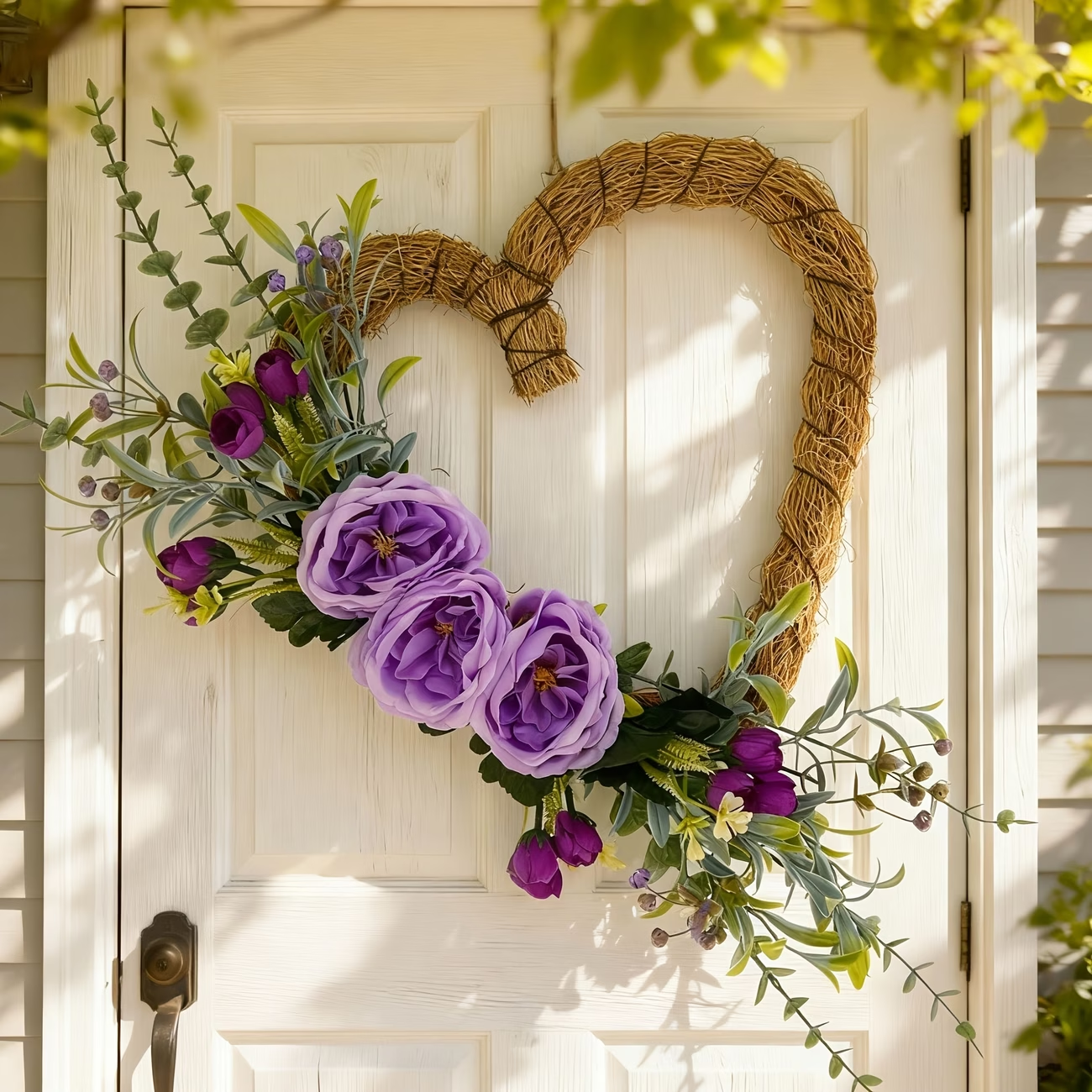 Handmade Heart-Shaped Rattan Wreath with Silk Peony Flowers