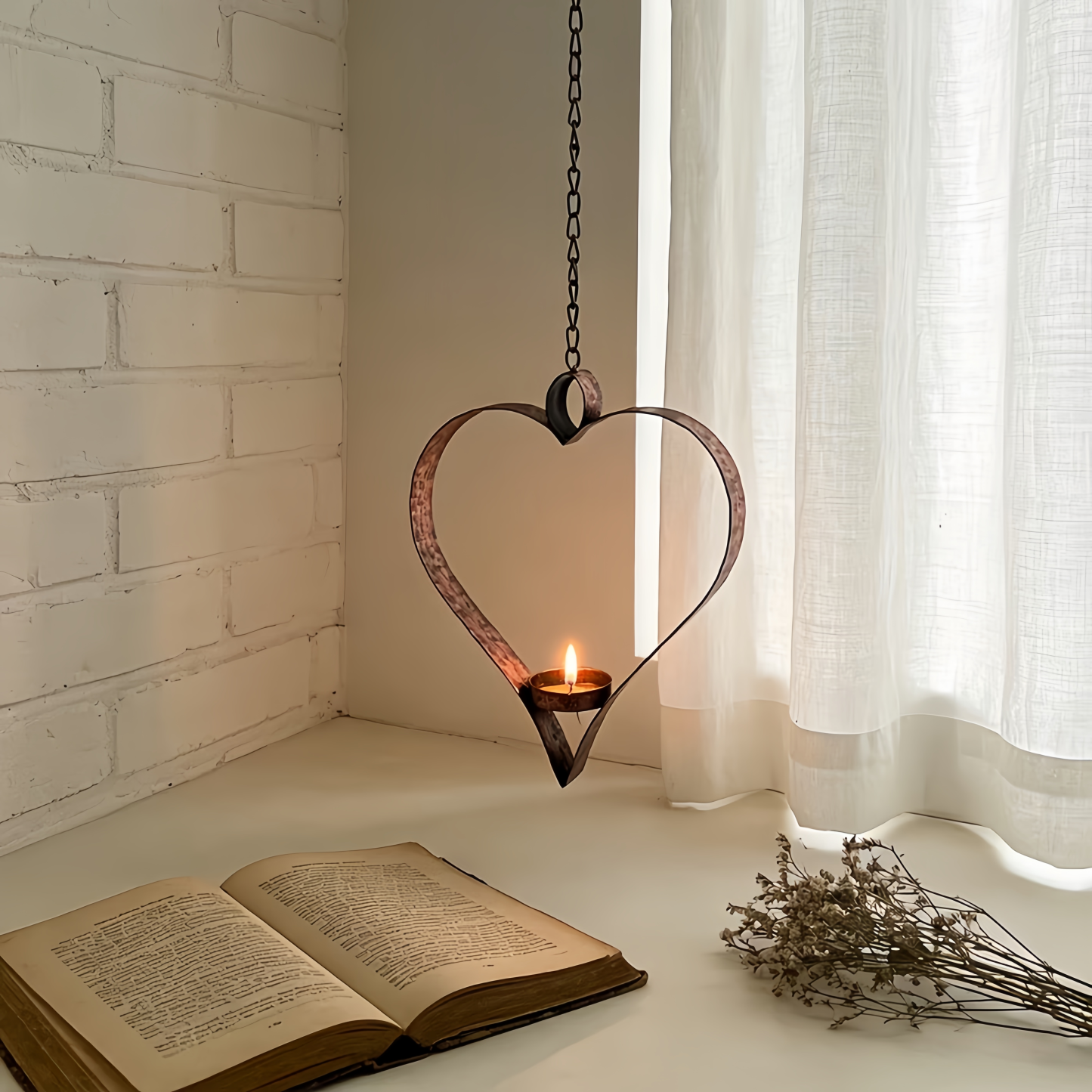 Rustic Hanging Heart Candle Holder with Chain