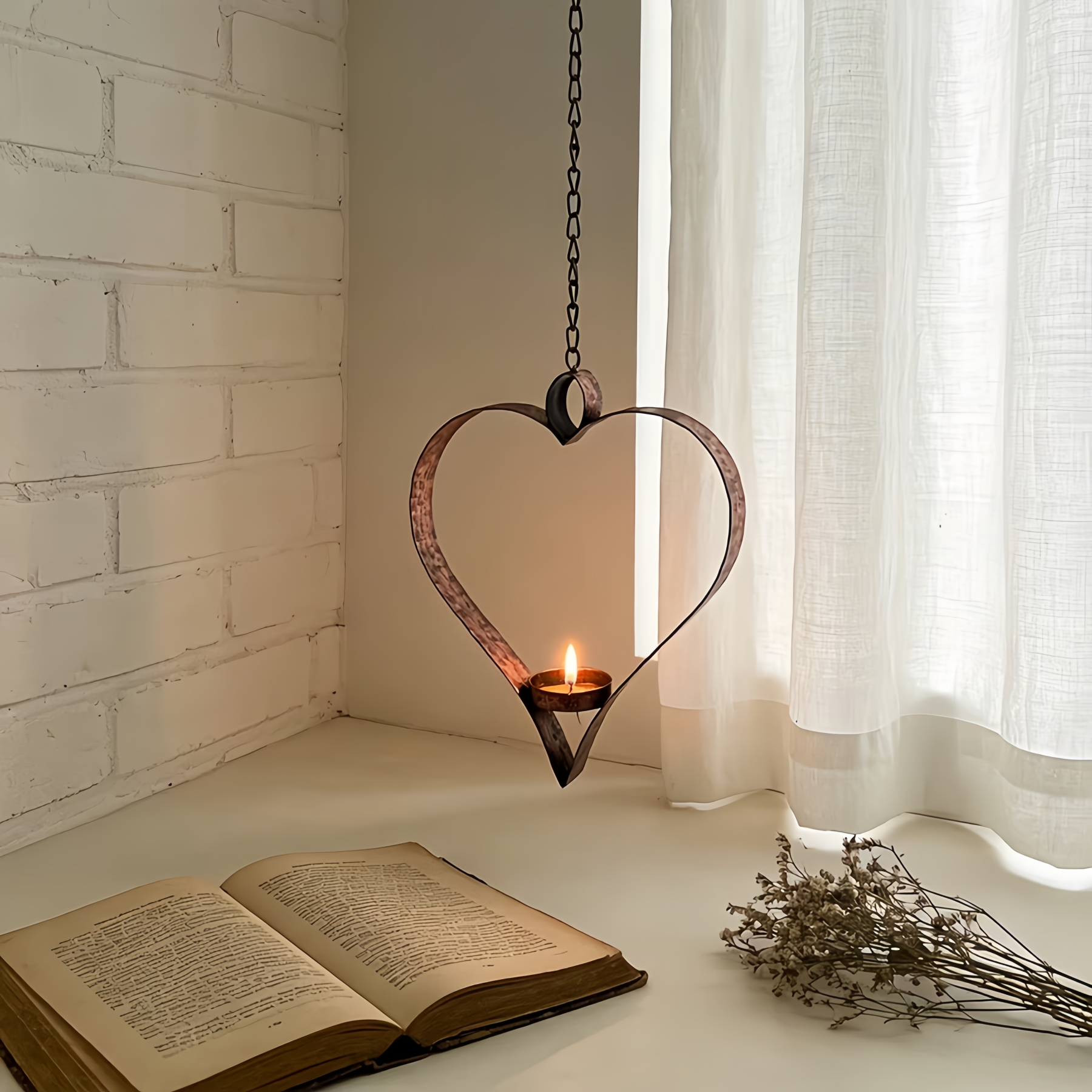 Rustic Hanging Heart Candle Holder with Chain